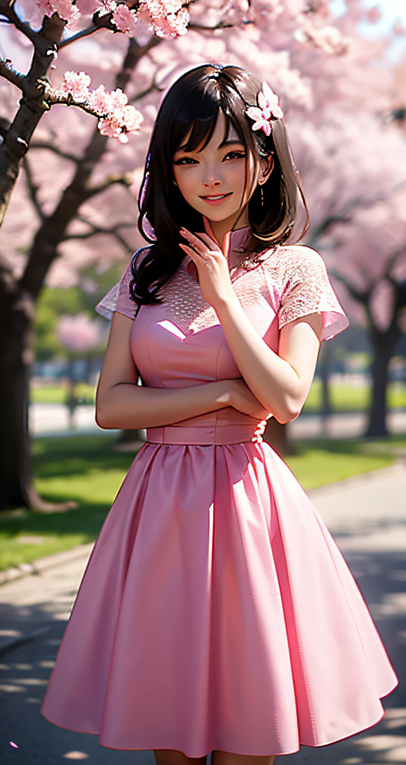 Woman in pink dress standing in front of a tree with pink flowers, under the cherry blossom tree, Smile with a soft expression,lady with glowing flowers dress, sakura season dynamic lighting。