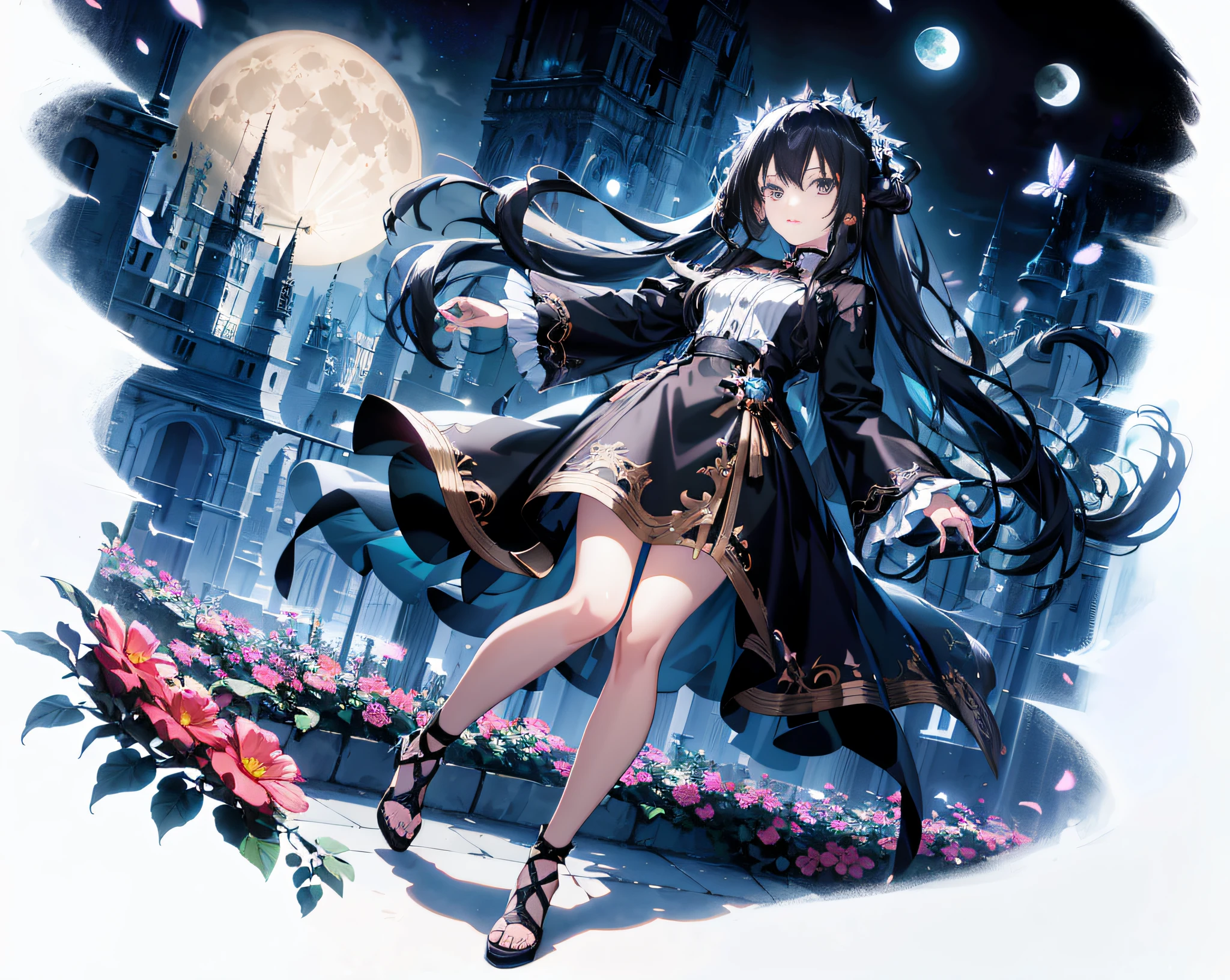 anime girl in a black dress with long hair and a full moon, gothic maiden anime girl, high detailed official artwork, official anime artwork, nightcore, black - haired mage, official artwork, epic light novel art cover, noire photo, noire, beautiful fantasy anime, from arknights, anime girl wearing a black dress, trending on artstation pixiv