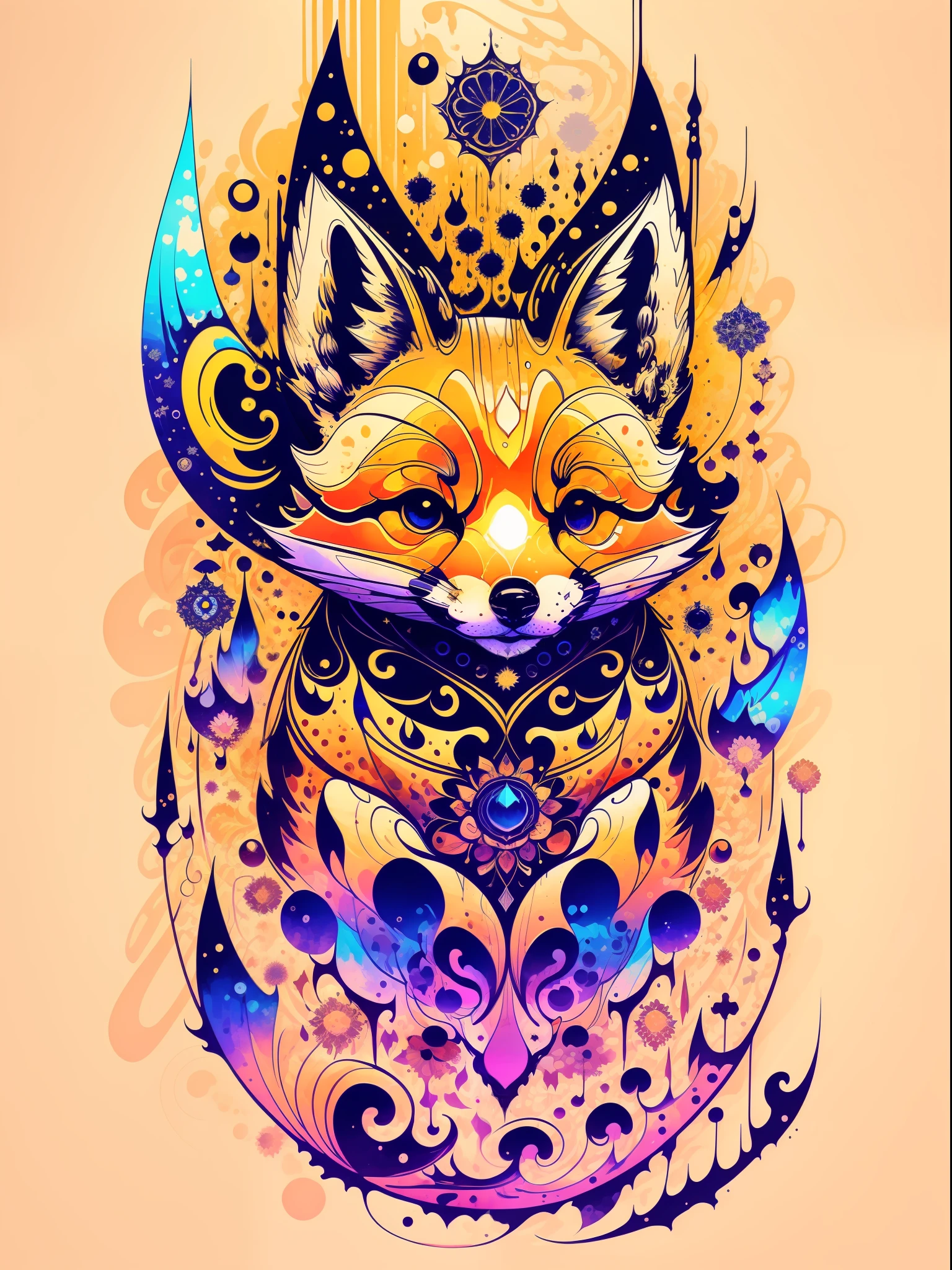 in the style of 0mib, adorable japanese fox, prismatic shards, reflecting fractal circles, ink spatter, melting brush strokes, particles vortex, dramatic lighting, high quality, beautiful, masterpiece