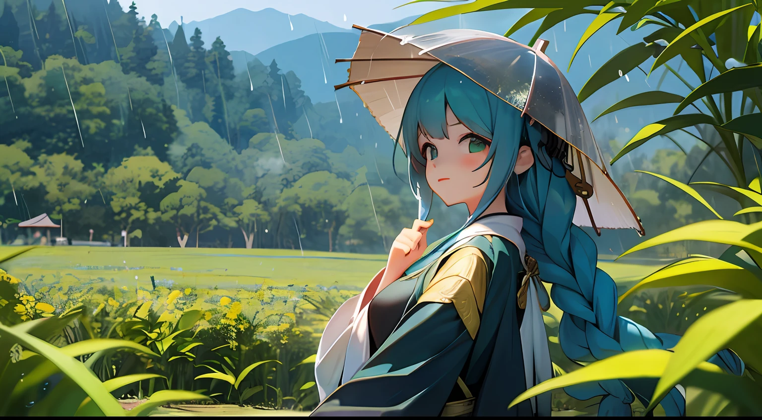 (masterpiece,best quailty),A 7-8 year-old girl in black costume wearing Hanfu and braided hair stands in a green tea garden(1 of the girl station screen/2),Sideways with your back to you,Look into the distance,In the distance, Under the smoky rain and haze, there are rolling cyan tea mountains,