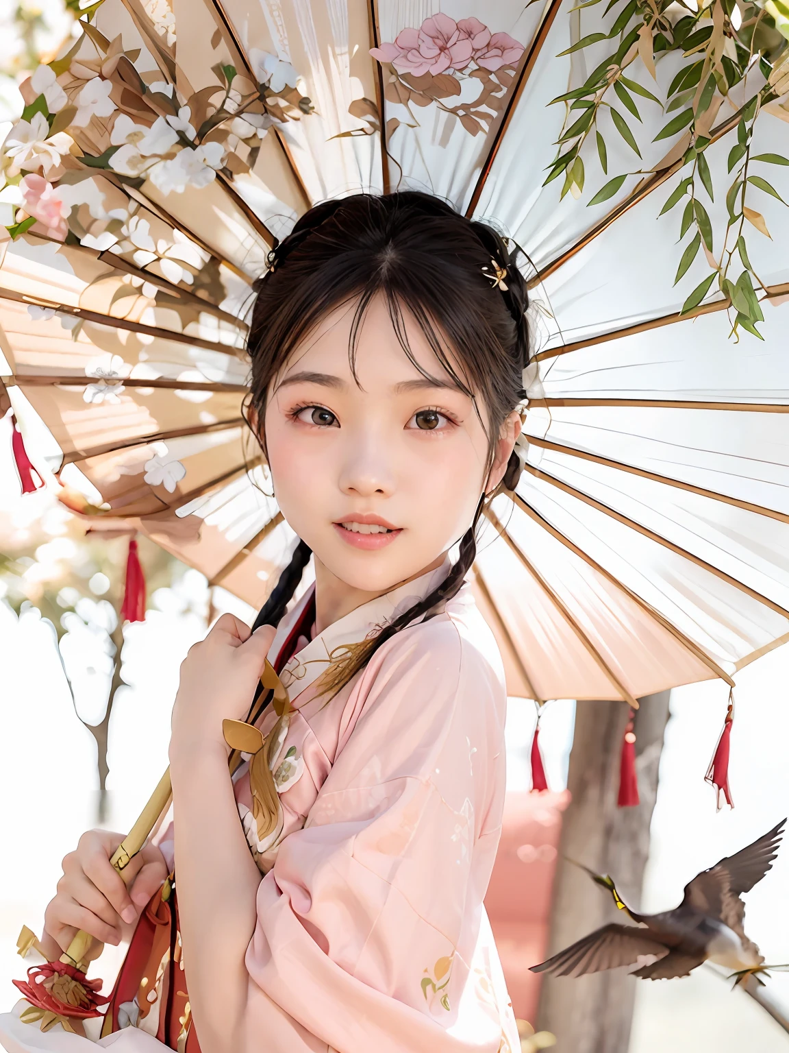 Allafed Asian girl holding a pink umbrella,There is a bird on it, Chinese girl, Young Asian girl, of a youthful japanese girl, royal palace , A girl in Hanfu, ruan jia beautiful!, traditional chinese, Wearing ancient Chinese clothes, Traditional Chinese clothing, with acient chinese clothes, yanjun cheng, inspired by Otake Chikuha,Costume warm and cute