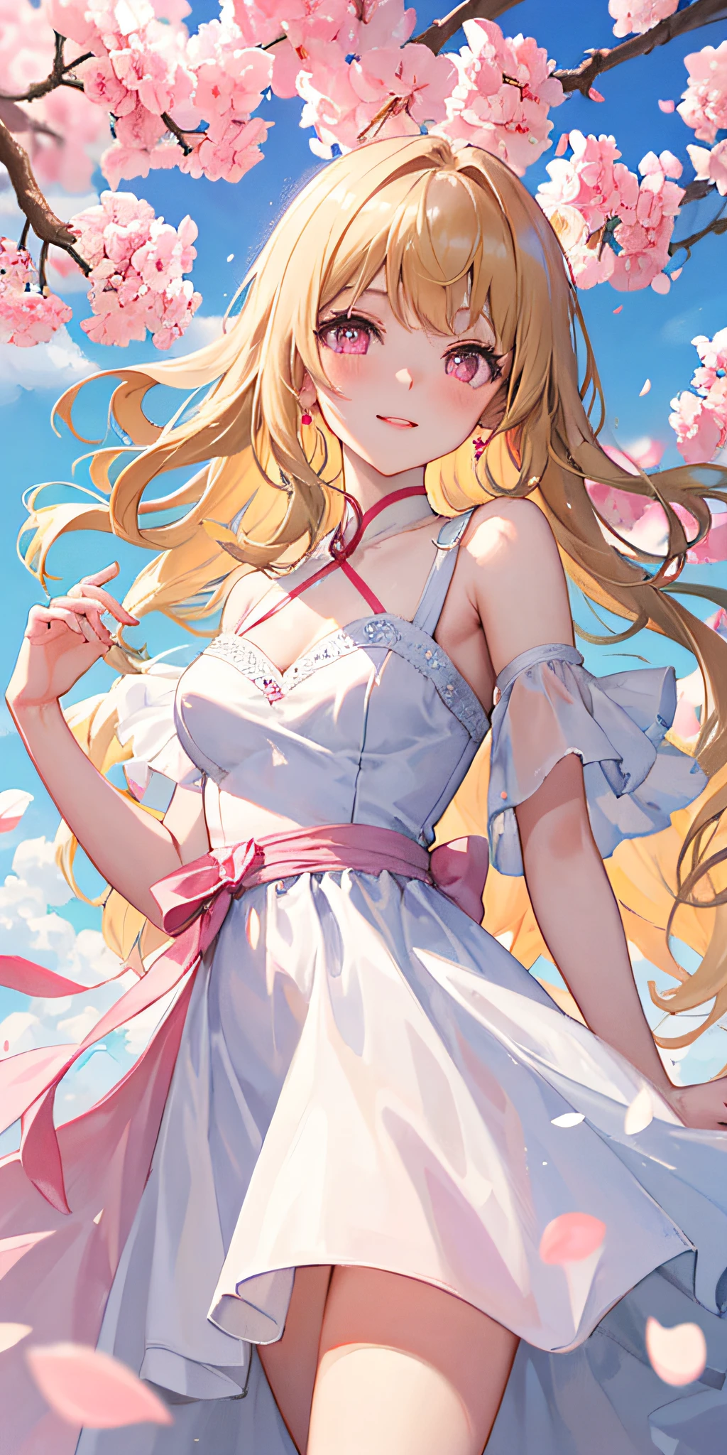 cherry_blossoms, falling_petals, petals, branch, pink_flower, 1girl,20-year-old, blue_sky, spring_\(season\), petals_on_liquid, flower, hanami, dress, (Long curly blonde hair:1.5), Wear a garland, sky,exteriors,clouds,By bangs,ssmile,a pink eyes,White dress embellished with cherry blossoms,exposed bare shoulders,耳Nipple Ring,delicate leg,Long gray hair,best quailty。Perfect image quality。holding_flower,the wind,The tree,looking_at_viewer,cowboy shot,Detail Enhancement。