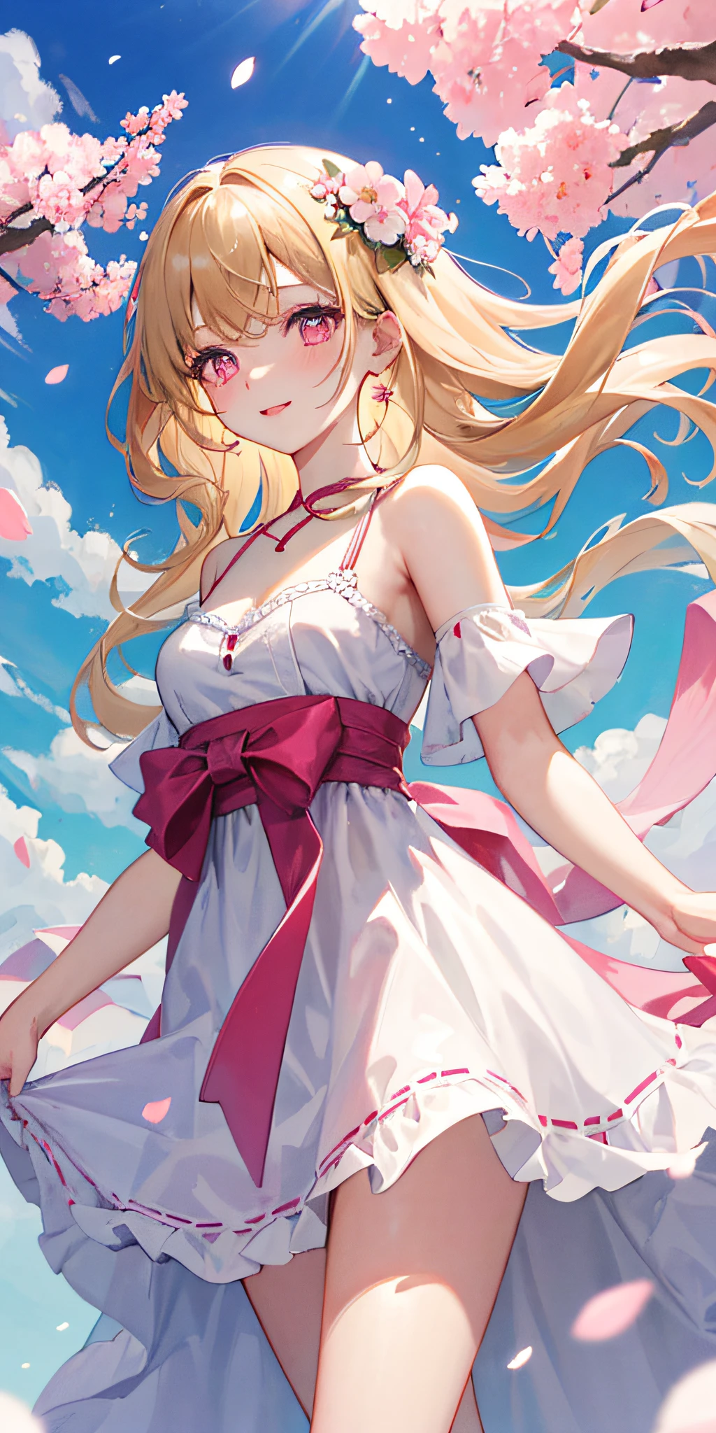 cherry_blossoms, falling_petals, petals, branch, pink_flower, 1girl,20-year-old, blue_sky, spring_\(season\), petals_on_liquid, flower, hanami, dress, (Long curly blonde hair:1.5), Wear a garland, sky,exteriors,clouds,By bangs,ssmile,a pink eyes,White dress embellished with cherry blossoms,exposed bare shoulders,耳Nipple Ring,delicate leg,Long gray hair,best quailty。Perfect image quality。holding_flower,the wind,The tree,looking_at_viewer,cowboy shot,Detail Enhancement。