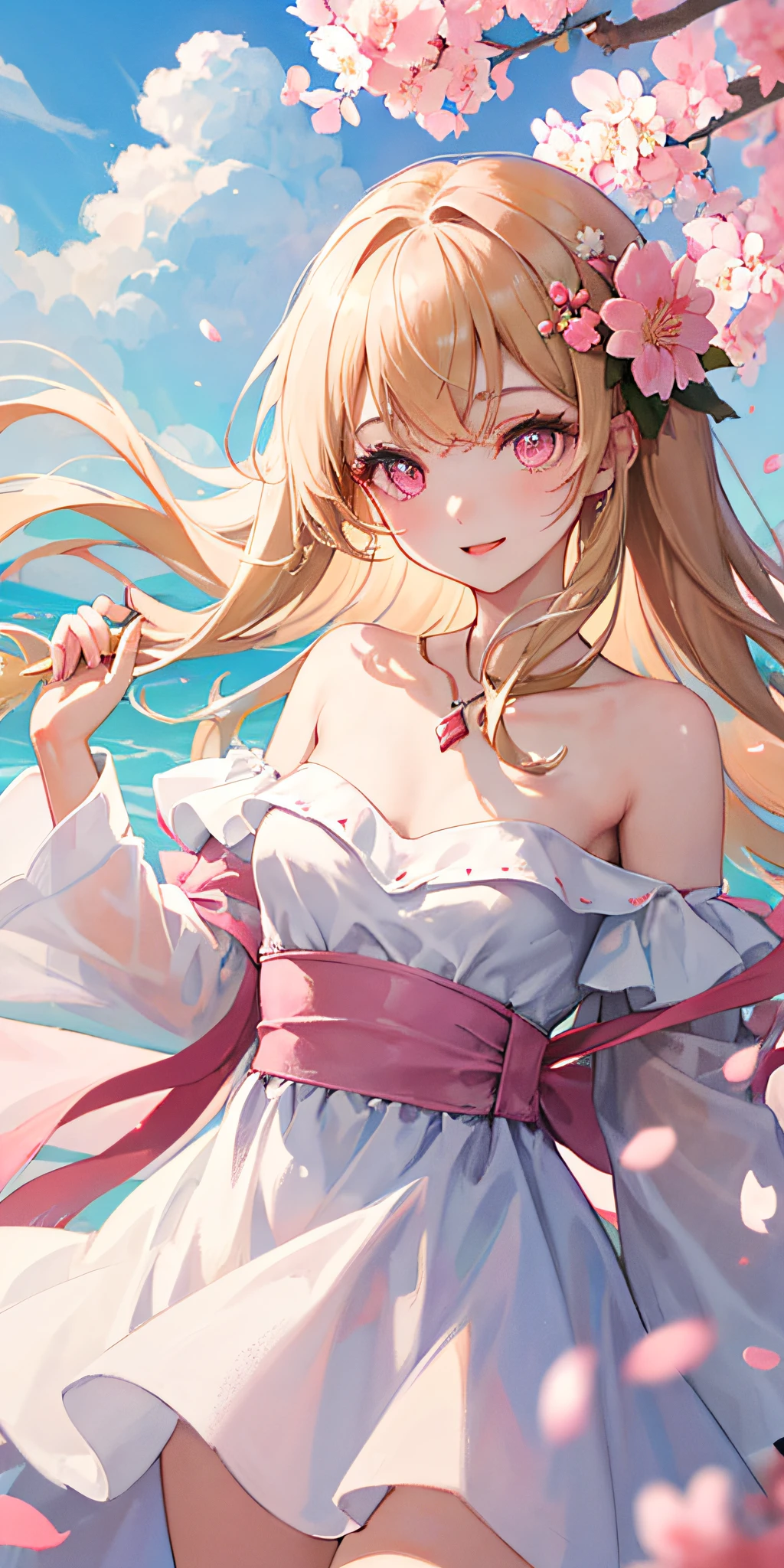 cherry_blossoms, falling_petals, petals, branch, pink_flower, 1girl,20-year-old, blue_sky, spring_\(season\), petals_on_liquid, flower, hanami, dress, (Long curly blonde hair：1.5), Wear a garland, sky,exteriors，​​clouds，By bangs，ssmile，a pink eyes，White dress embellished with cherry blossoms，exposed bare shoulders，耳Nipple Ring，delicate leg，Long gray hair，best quailty。Perfect image quality。holding_flower，the wind，The tree，looking_at_viewer，cowboy shot，Detail Enhancement。