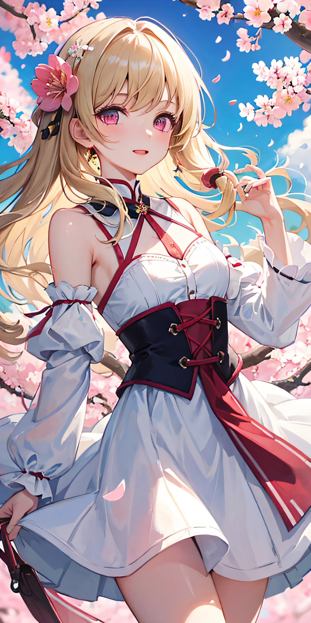 cherry_blossoms, falling_petals, petals, branch, pink_flower, 1girl,20-year-old, blue_sky, spring_\(season\), petals_on_liquid, flower, hanami, dress, (Long curly blonde hair：1.5), Wear a garland, sky,exteriors，​​clouds，By bangs，ssmile，a pink eyes，White dress embellished with cherry blossoms，exposed bare shoulders，耳Nipple Ring，delicate leg，Long gray hair，best quailty。Perfect image quality。holding_flower，the wind，The tree，looking_at_viewer，cowboy shot，Detail Enhancement。