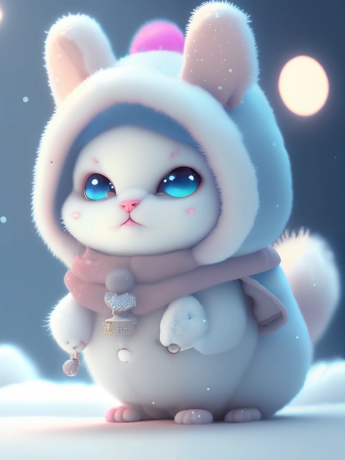 a cute little cat+Snow-white furry，Big bright eyes，A sweet smile，A sweet smile，Open-mouthed！！！，Dress up as a fashion model，Wearing a stylish suit with pink crystal texture，Hats and handbags，Snow white fluffy，Big bright eyes，Big bright eyes，standingn，Fluffy tail，Winter rises，The snow flutters gently，Extremely detailed 3D animation renders symmetrical center position， Super realistic， super detailing， posh， 3， 电影灯光， ultra clear details， Ultra-transparent material， Close-up of， complex texture， rendering by octane， zbrush， 8K， Ultra-realistic UREAL，Open-mouthed！！！，rightward！！！