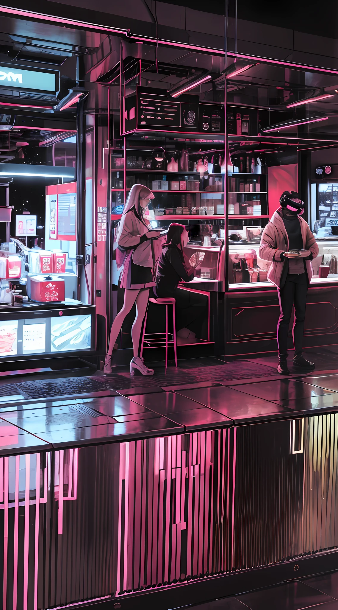 Capture the futuristic and immersive ambiance of a cyberpunk cofee shop set in space, depicting a realistic photograph that transports viewers to this captivating environment. Design the the coffee shop with a blend of cyberpunk and futuristic elements, incorporating neon lights, holographic displays, sleek furniture, and advanced technology. Utilize a color scheme dominated by vibrant neon hues, creating an otherworldly atmosphere. Show patrons enjoying their meals or engaging in virtual reality experiences, with android waiters serving them. Pay attention to the intricate details of the cyberpunk cafe, such as the holographic menus, floating platforms, and futuristic architectural features. Use lighting techniques to enhance the futuristic ambiance, with soft glows and neon reflections casting dramatic shadows. The photograph should capture the essence of a cyberpunk coffee shop set in space, combining the elements of futuristic technology, a vibrant atmosphere, and the allure of outer space.
ultra high resolution, clear focus, super detailed, natural light, cinematic photo tinting, William Mortensen,shot on canon EOS 5D MARK iv, style ---ar---16:9- --auto --s2