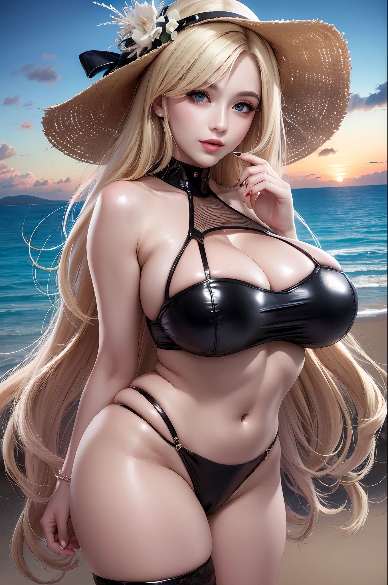 ,Best quality,Official art,Extremely detailed,High resolution, (very detailed CG Unity 8K wallpapers:1.3),(Illustrations),Painting,ultra hires, (masutepiece:1.2), Bokeh, dusty sunlight, depth of fields, Sun_flare, Extremely rich and detailed background,perfect detail,beach,Colorful,(ArtGerm:0.8)), High-quality full-body photos,Beach party,Beach exclusive style,Sea,sunscreen,Towel, 1girl in,Solo, a beautiful detailed face,detail hands,Plump,completely,Blue eyes,Beautiful legs,Beauty,Huge breasts,Blonde hair,The tattoo,Shiny skin,thick lips,areolae slip,Sagging breasts, thick arms, A MILF, thick lips,thick thighs, exposed,wide hips, eyeshadows,makeup,thick eyelashes,Seduce,Sweat, absurderes, White theme
