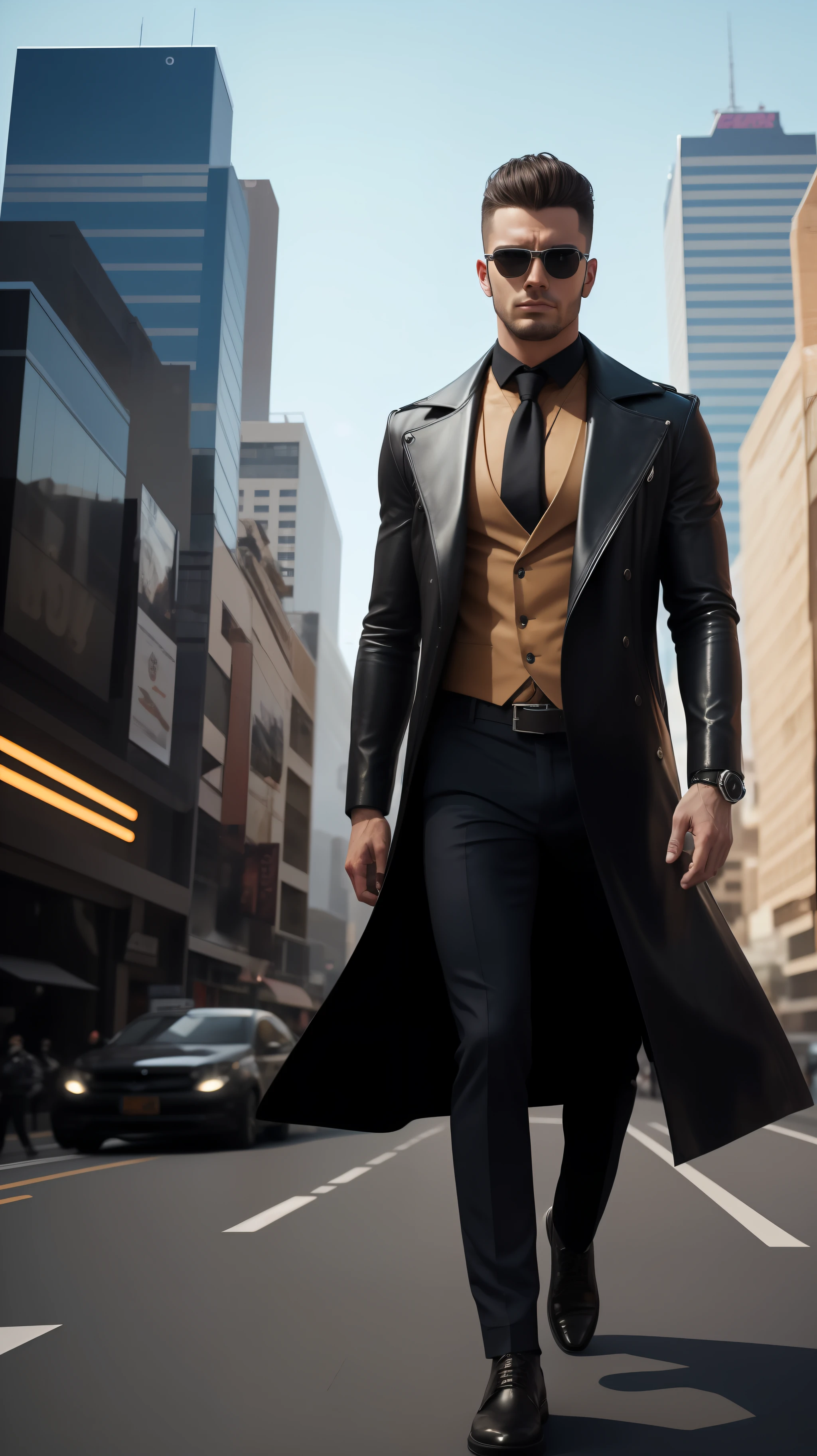 Ethan Darkwood is a tall, Athletic man, com aproximadamente 1,85 metros de altura. Ele possui uma estrutura muscular bem definida, Result of years of intense physical training. His face is angular, with square jaw and piercing eyes of a deep blue. Ele tem cabelos escuros e curtos, que caem em uma franja desarrumada na testa. His expression is enigmatic and serious, revealing a ruthless determination.Ethan is known for his unique and avant-garde style. He wears clothes that mix classic and futuristic elements, creating a distinctive look. He prefers to wear a black leather coat with metallic details and unusual textures. Sob o casaco, wears a high-collar shirt of technological fabric, que se ajusta perfeitamente ao seu corpo. It combines this with tight pants of sturdy material and black leather boots with non-slip soles.Ethan wears a variety of accessories that reflect his bold personality. He wears sunglasses with reflective lenses, que o protegem dos raios solares intensos e adicionam um toque futurista ao seu visual. Em seu pulso, He wears a high-tech bracelet that monitors his health and has advanced communication features.Ethan Darkwood excels in futuristic and technologically advanced urban environments. His favorite setting is a nocturnal megalopolis, where glittering skyscrapers stretch as far as the eye can see. The streets are full of people from different backgrounds and cultures, criando uma atmosfera cosmopolita e vibrante. The city is full of state-of-the-art technology, floating holograms and futuristic vehicles gliding through the air. It is a scenario where the past and the future merge, providing a captivating contrast to Ethan's striking presence.

Ethan Darkwood is a captivating character, with its striking appearance, roupas inovadoras e atitude confiante. Its presence is magnetic, destacando-se em meio a ambientes futuristas e cosmopolitas, where your skills and unique personality.