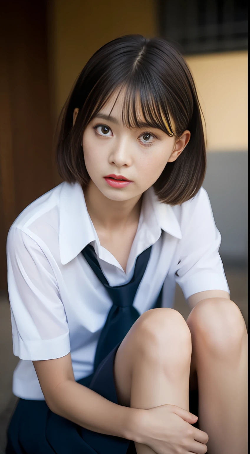 (Sillamäe:1.5), A slender, ​masterpiece, beste-Qualit, Raw foto, a photorealistic, faces, Incredibly absurd, beautiful a girl, cute little,Short messy hair,鎖骨, depth of fields, A high resolution, ultra detali, finely detail, highly detaile, extremely detailed eye and face, Sharp pupils, Realistic pupils, foco nítido, Cinematic lighting,Schoolgirl Uniform、Sitting on legs bending the knees、White panties are visible from the skirt、no-bra、Loose and large shirt、Shoulders are visible、a 10 years old girl、shirt wet、The shirt is peeling off and the sexy collarbone is revealed.、