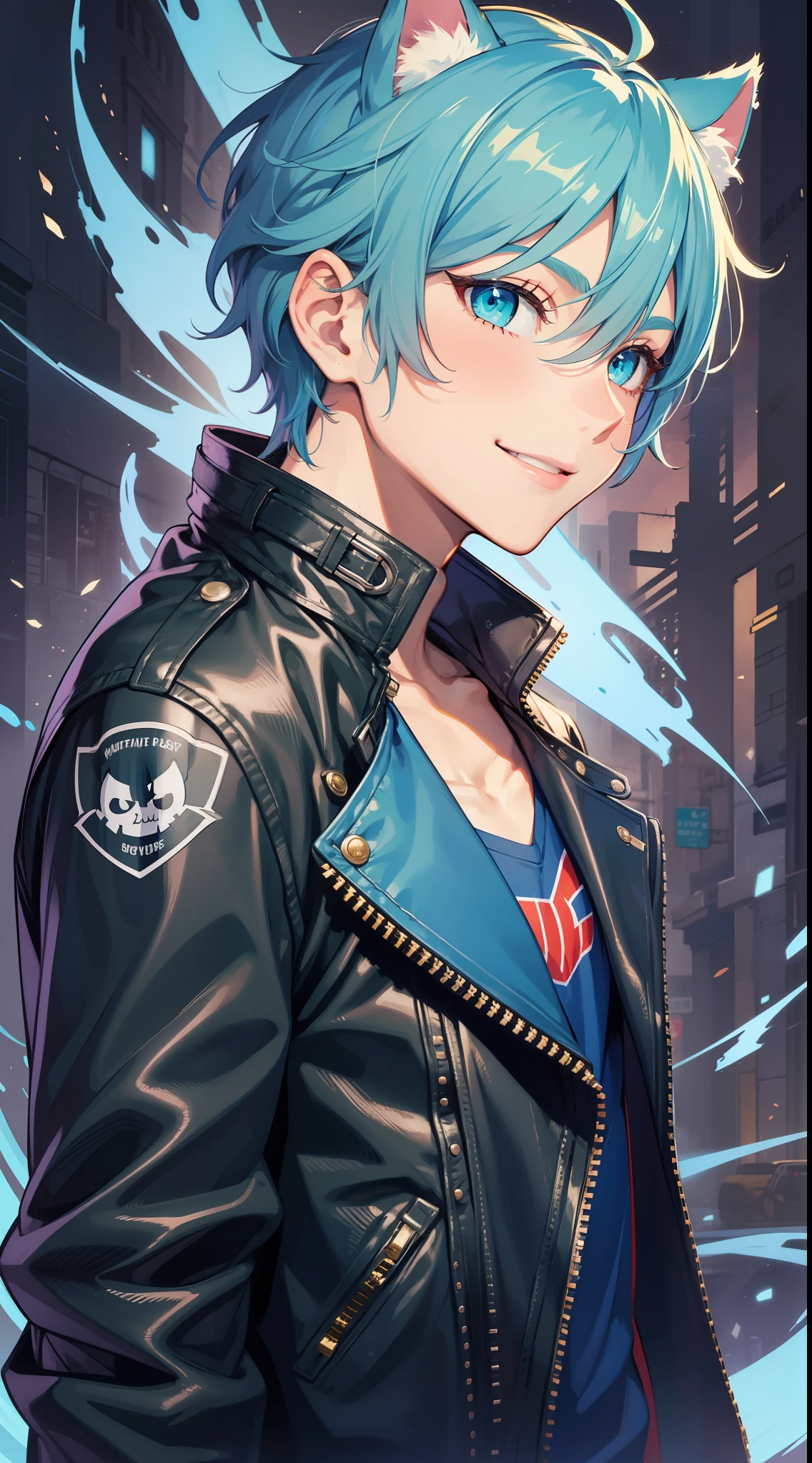 Young guy, Short blue hair, Cyan eyes, cat ears, leather jacket, a smile, Ghost Rider, Masterpiece, highly quality