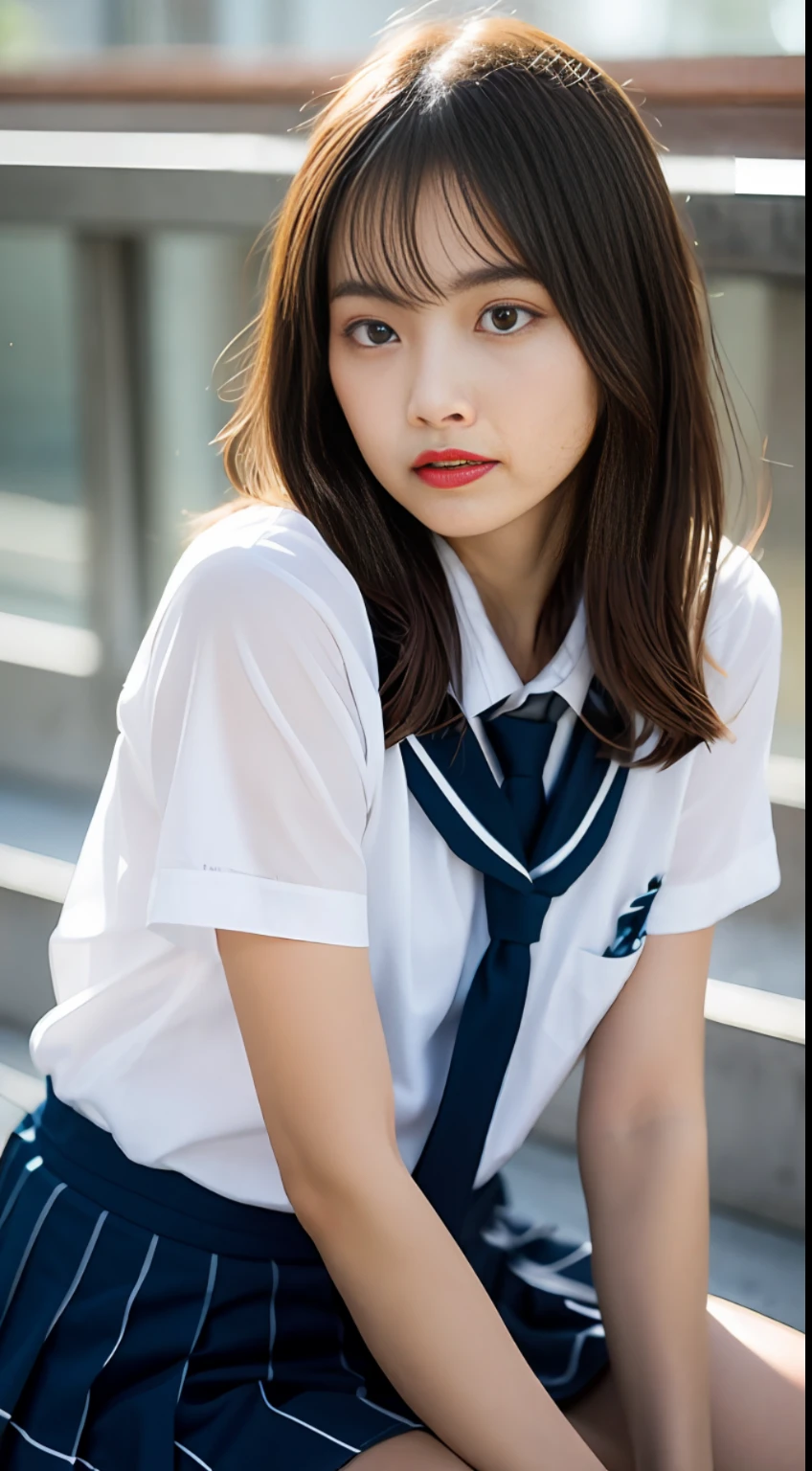(Sillamäe:1.5), A slender, masterpiece, beste-Qualit, Raw foto, a photorealistic, faces, Incredibly absurd, beautiful a girl, cute little,Short messy hair,鎖骨, depth of fields, A high resolution, ultra detali, finely detail, highly detaile, very detailed eyes and faces, Sharp pupils, Realistic pupils, foco nítido, Cinematic lighting,Schoolgirl Uniform、Sitting on legs bending the knees、White panties are visible from the skirt、no-bra、Loose and large shirt、Shoulders are visible、a 10 years old girl、shirt wet、The shirt is peeling off and the sexy collarbone is revealed.、