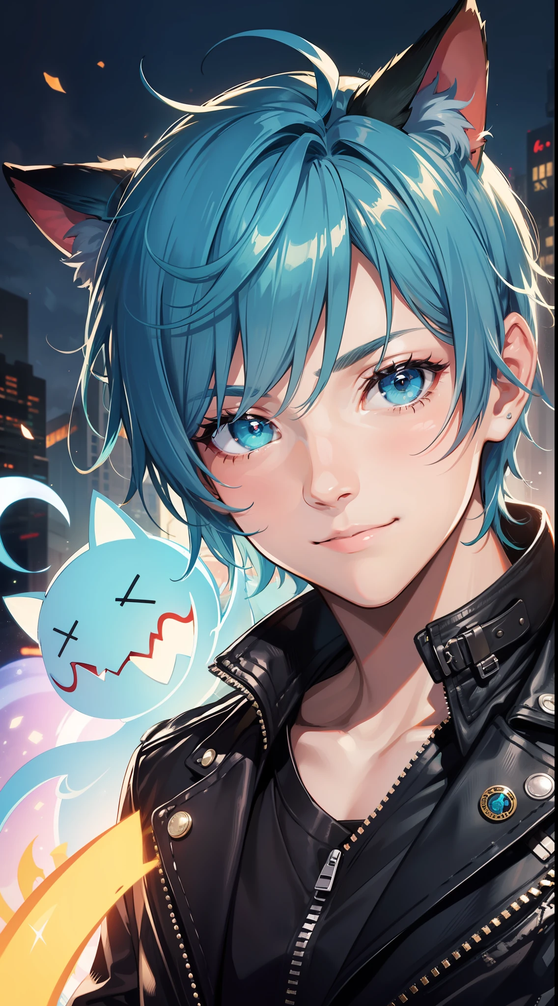 Young guy, Short blue hair, Cyan eyes, cat ears, leather jacket, a smile, Ghost Rider, Masterpiece, highly quality