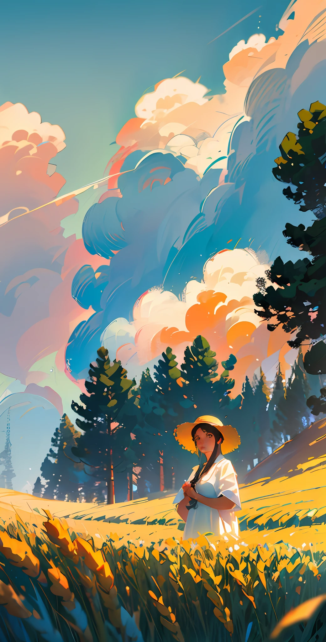 Wheat field, a farmer uncle with a straw hat standing in a wheat field, big clouds, blue sky, rice field, neat rice seedlings in the field, forest, hillside, secluded, rural, HD detail, hyper-detail, cinematic, surrealism, soft light, deep field focus bokeh, ray tracing and surrealism. --v6
