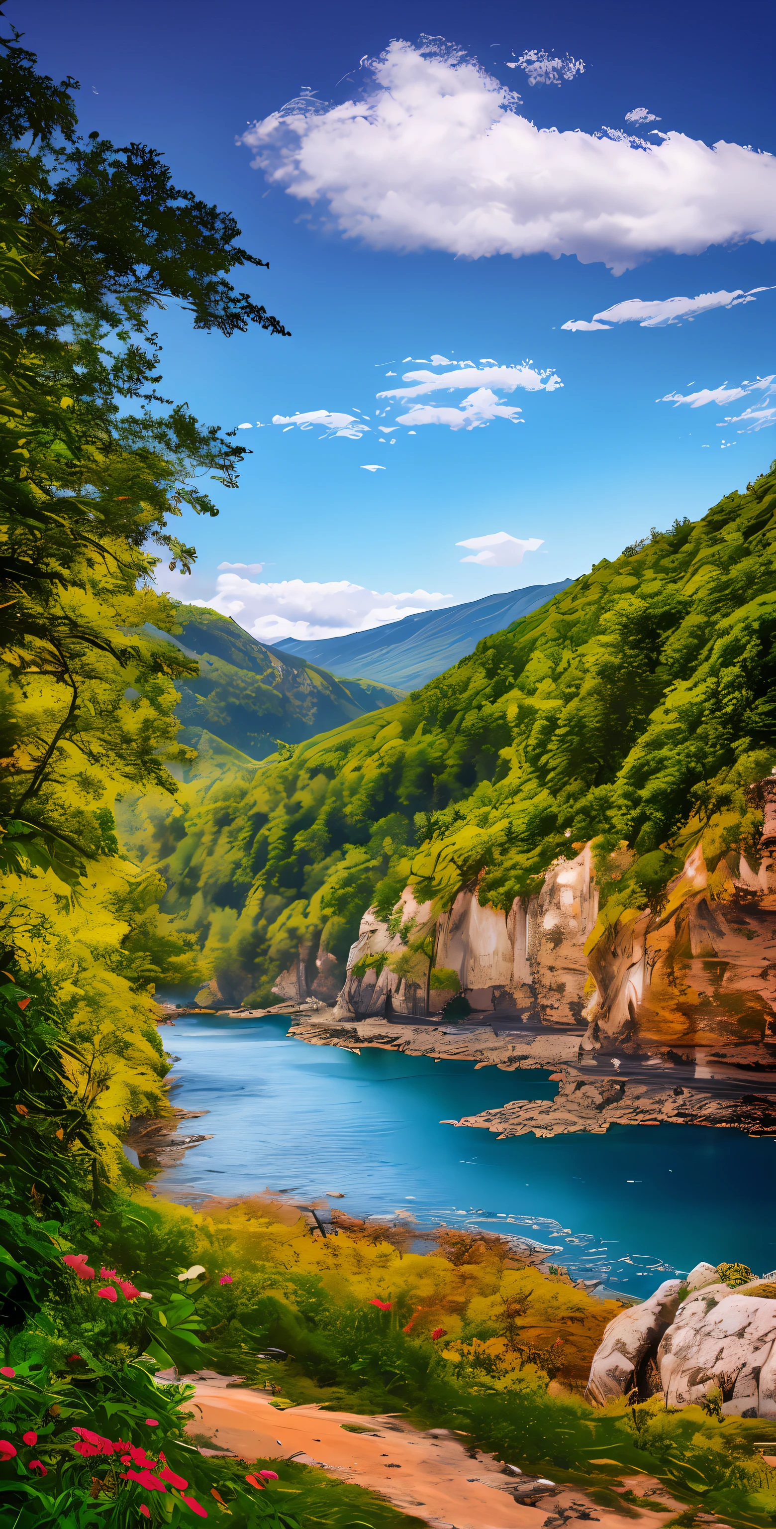 Masterpiece, ultimate quality, Cg unity 8k wallpaper, super delicate, beautiful sky and clouds, rich natural scenery, cliffs, lakes and rivers, waterfalls and flying water, beautiful green mountains, no trace of people, excellent scenery, has already won a photo contest, background Blurring, full depth of field, HDR high dynamics, true restoration, intricate, extreme details, dramatic presentation, perfectly presenting the style of midjourney art.