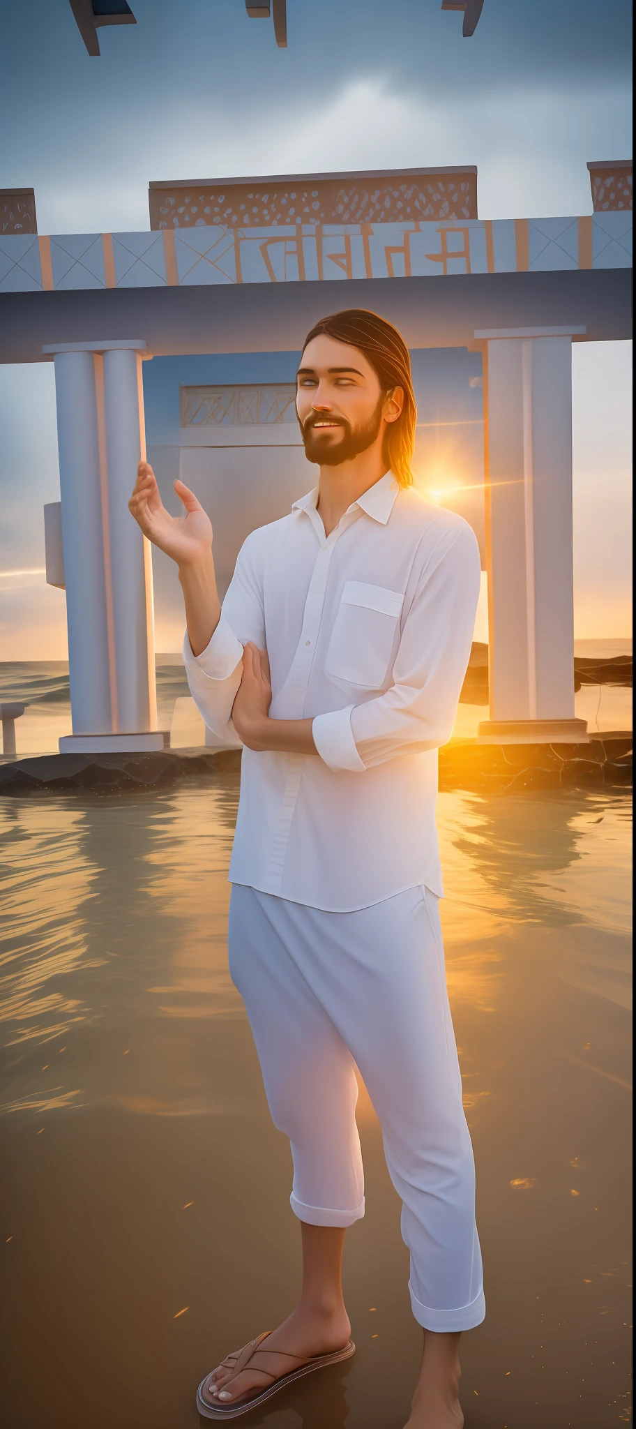 Jesus Cristo Iluminado, walking on water in a frenzied storm, Jesus parting the sea and passing through the waters, with sunbeams illuminating the Christ from behind in a full body realistic artwork. celestial em todos os sentidos, 8k