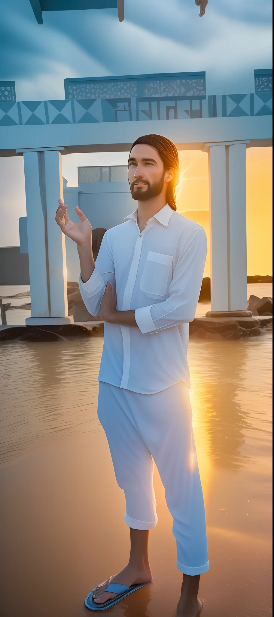 Jesus Cristo Iluminado, walking on water in a frenzied storm, Jesus parting the sea and passing through the waters, with sunbeams illuminating the Christ from behind in a full body realistic artwork. celestial em todos os sentidos, 8k
