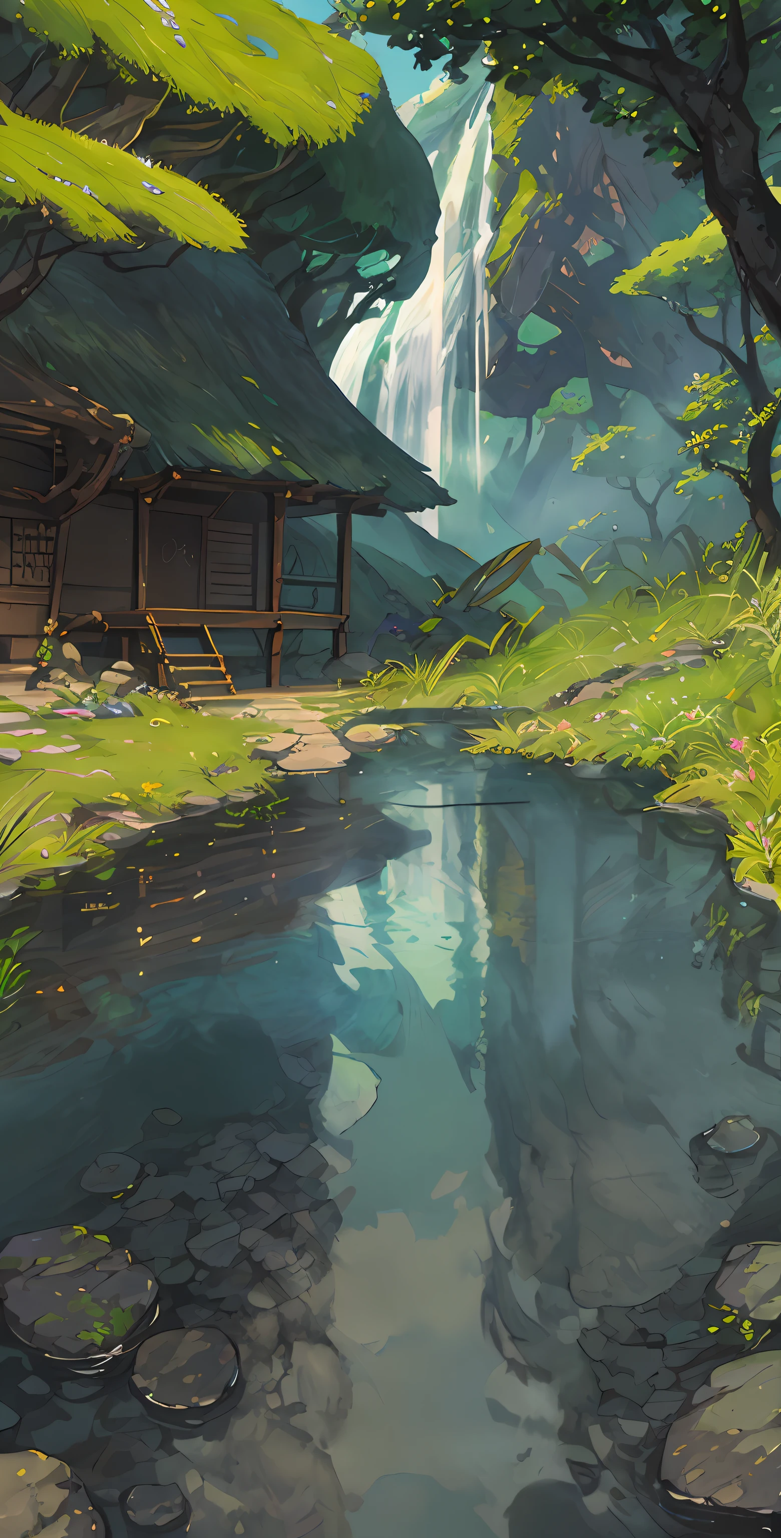 Chinese ancient times, spring, jungle, lake, cave, waterfall, tree, meadow, rock, deer, hot spring, water vapor, (illustration: 1.0), epic composition, realistic lighting, HD details, masterpiece, best quality, (very detailed CG unified 8k wallpaper)