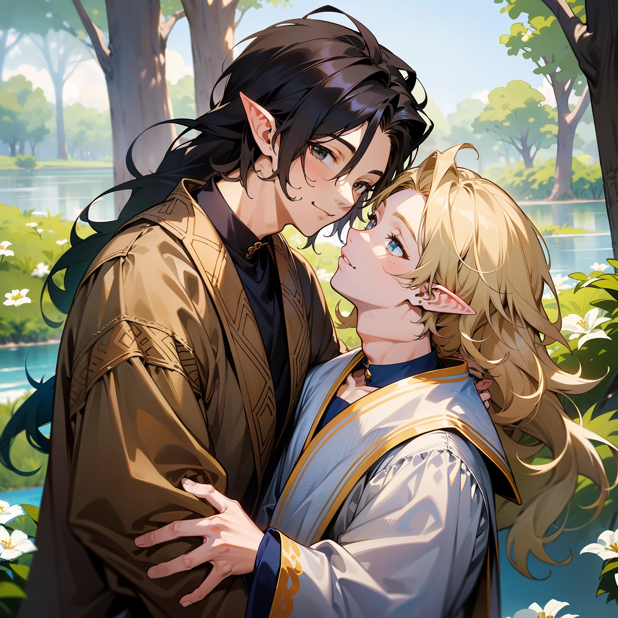 two men are hugging and kissing. (((on the left is a age boy))), (((the younger boy on the left has dark brown colored eyes))), (((the boy on the left has very dark brown colored eyes))), ((the boy on the left has very light blonde hair)), pale skin, the boy on the left has poofy hair, wavy hair, long hair. he has a cute face, (the boy on the left is wearing a brown choker), the blonde boy on the left has a cute face. the man on the right is slightly taller, (the man on the right has pitch-black colored hair). ((the taller man on the right has dark blue colored eyes)), the man on the right has a ponytail. both men are wearing brown clothes, (((fantasy style clothes))), they are both wearing fantasy outfits, (patterns on clothes), embroidery on clothes. both men are smiling. a lake in the background, some trees in the background, white flowers in the background, magic, ((pointy ears)).