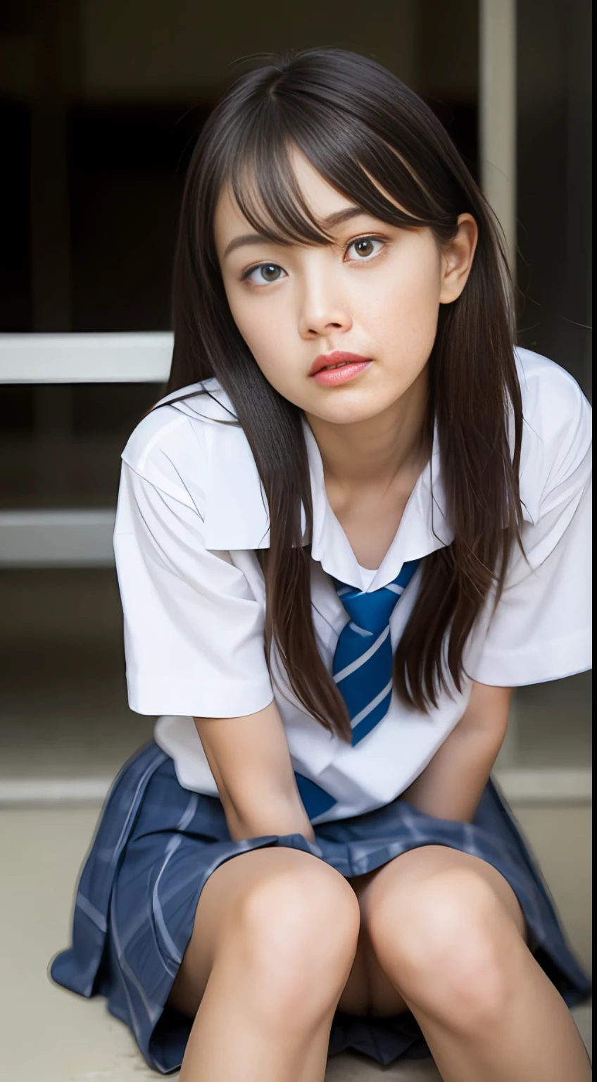 (Sillamäe:1.5), A slender, masterpiece, beste-Qualit, Raw foto, a photorealistic, faces, Incredibly absurd, beautiful a girl, cute little,Short messy hair,鎖骨, depth of fields, A high resolution, ultra detali, finely detail, highly detaile, very detailed eyes and faces, Sharp pupils, Realistic pupils, foco nítido, Cinematic lighting,Schoolgirl Uniform、Sitting on legs bending the knees、White panties are visible from the skirt、no-bra、Loose and large shirt、Shoulders are visible、a girl、shirt wet、The shirt is peeling off and the sexy collarbone is revealed.、