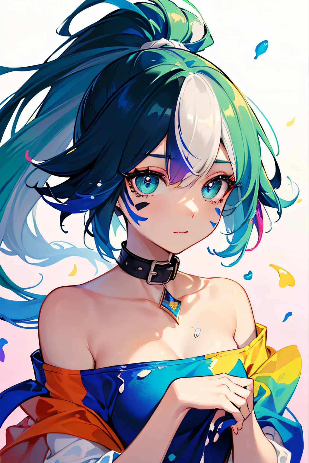 (Pink Fashion T-shirt:1.9),(Colorful hair: 1.8), (all the colours of the rainbow: 1.8),(((((vertical painting:1.6))), (painting:1.6),front, comics, illustrations, paintings, large eyes, crystal clear eyes,( rainbow color gradient high ponytail:1.7), exquisite makeup, closed mouth,(Small Fresh: 1.5),(Wipe Chest: 1.6) ,long eyelashes, white off shoulder T-shirt, White Shoulder Shirt,looking at the audience, large watery eyes, (rainbow colored hair:1.6), color splash, (solo:1.8), color splash, color explosion, thick paint style, messy lines, ((shining)),(colorful), (colorful), (colorful), colorful, Thick Paint Style, (Splash) (Color Splash), Vertical Painting, Upper Body, Paint Splash, Acrylic Pigment, Gradient, Paint, Highest Image Quality, Highest Quality, Masterpiece, Solo, Depth of Field, Face Paint, colorful clothes, (Elegant: 1.2), gorgeous,long hair, wind, (Elegant: 1.3), (Petals: 1.4),(((masterpiece))),(((best quality))),((ultra-detailed)),(illustration),(dynamic angle),((floating)),(paint),((disheveled hair)),(solo),(1girl) , (((detailed anima face))),((beautiful detailed face)),collar,bare shoulders,white hair, ((colorful hair)),((streaked hair)),beautiful detailed eyes,(Gradient color eyes),(((colorful eyes))),(((colorful background))),(((high saturation))),(((surrounded by colorful splashes))),