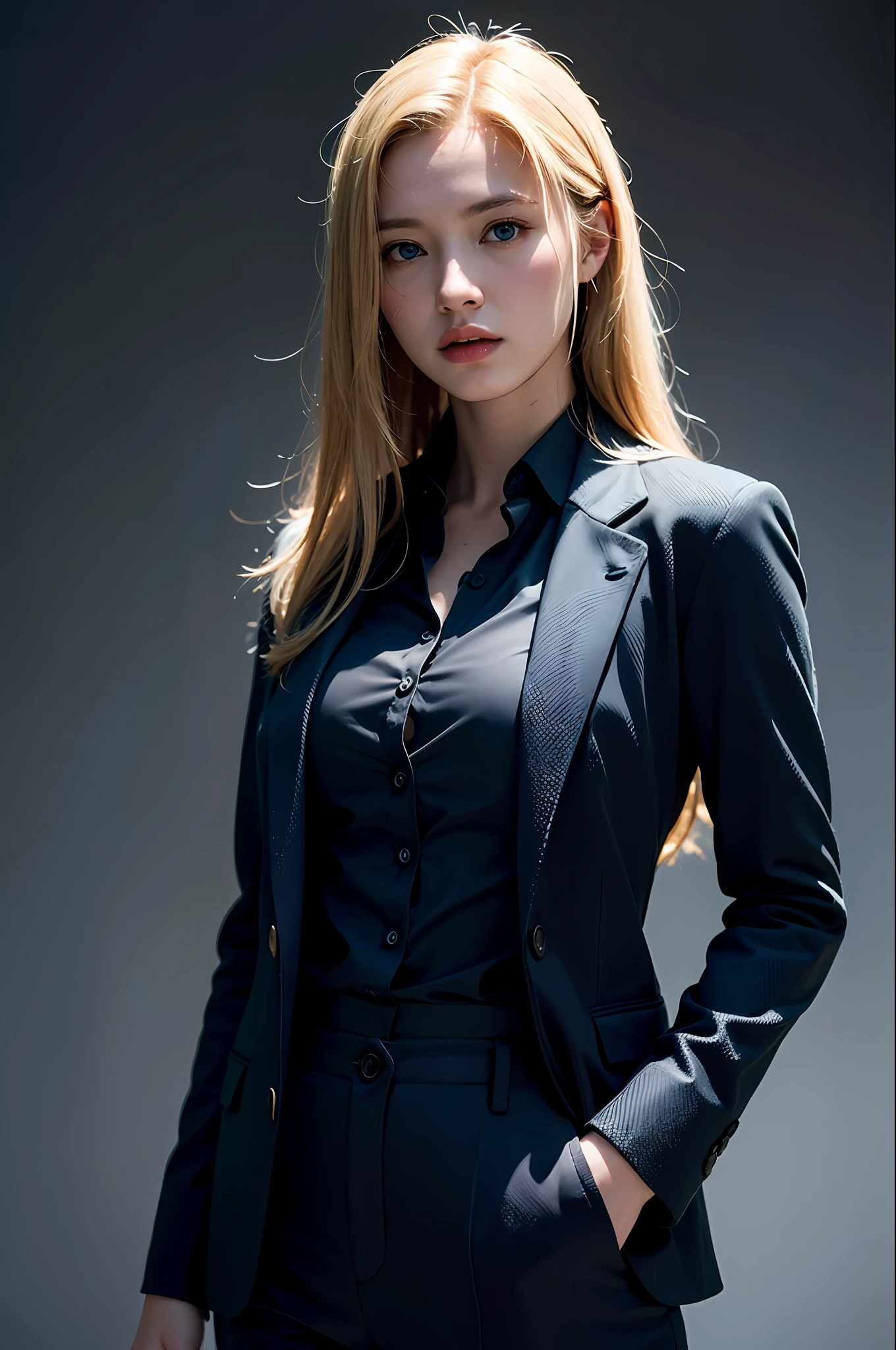 Best quality, masterpiece, ultra high res, (photorealistic:1.4), raw photo, 1girl, blonde hair, blue eyes, detailed eyes and face, black suit, dynamic lighting, in the dark, deep shadow, low key, cowboy shot full-lenght body