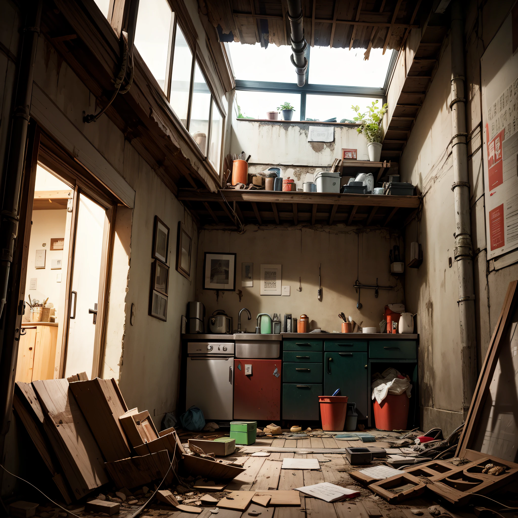 abandoned houses、cuisine、Dojunkai Apartment Surreal and very detailed illustration、Image with objects very loaded、Viewpoint from below、Dirty cement stairs with cracks、a trash can、Metal wall、cables、pole、Rusty pipe、Wall pipe、Electricity Meter、Gray and dark walls、 Empty box、Old paper on the floor、Paint on damaged walls、Metal and rusty scrap、mechanicalparts(rusty、Brownish)、dim lighting、Very dark landscape shadows、Red and green neon lights、moisture、、wooden、early evening、Toys、cute little、Lots of green empty bottles、tableware、Luggage storage、 --auto