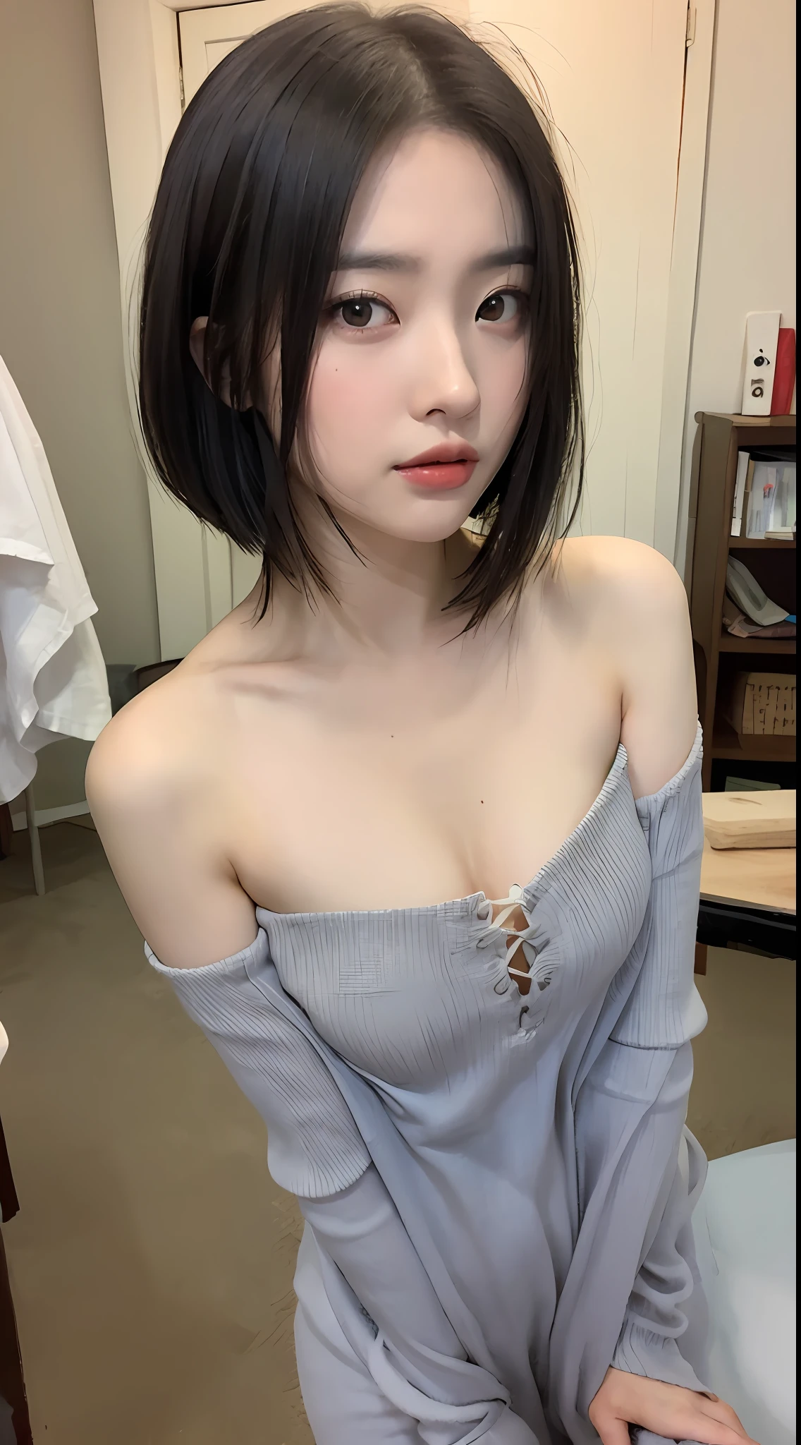 ((品质最佳, 8K, 巨作 :1.3)), Sharp focus :1.2, ((short shoulder length hair:1.2)), (ta costume:1.1 ), (inside room:1.2), Highly detailed facial and skin texture, detailed eye, 双眼皮,Close-up,Seductive expressions,Eyes are confused,Flushed complexion,Lewdness,
