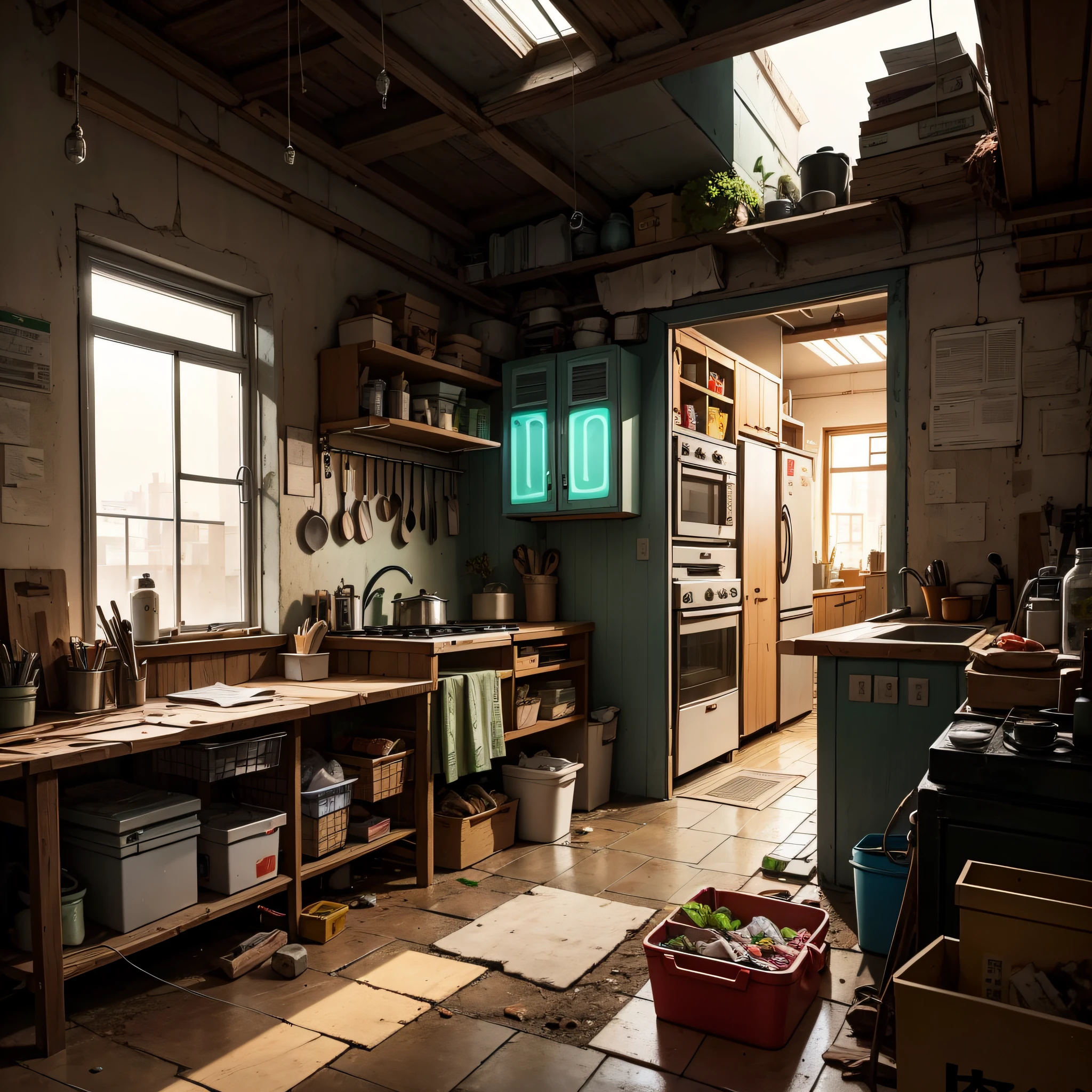 abandoned houses、cuisine、Dojunkai Apartment Surreal and very detailed illustration、Image with objects very loaded、Viewpoint from below、Dirty cement stairs with cracks、a trash can、Metal wall、cables、pole、Rusty pipe、Wall pipe、Electricity Meter、Gray and dark walls、 Empty box、Old paper on the floor、Paint on damaged walls、Metal and rusty scrap、mechanicalparts(rusty、Brownish)、dim lighting、Very dark landscape shadows、Red and green neon lights、moisture、、wooden、early evening、Toys、cute little、Lots of green empty bottles、tableware、Luggage storage、 --auto