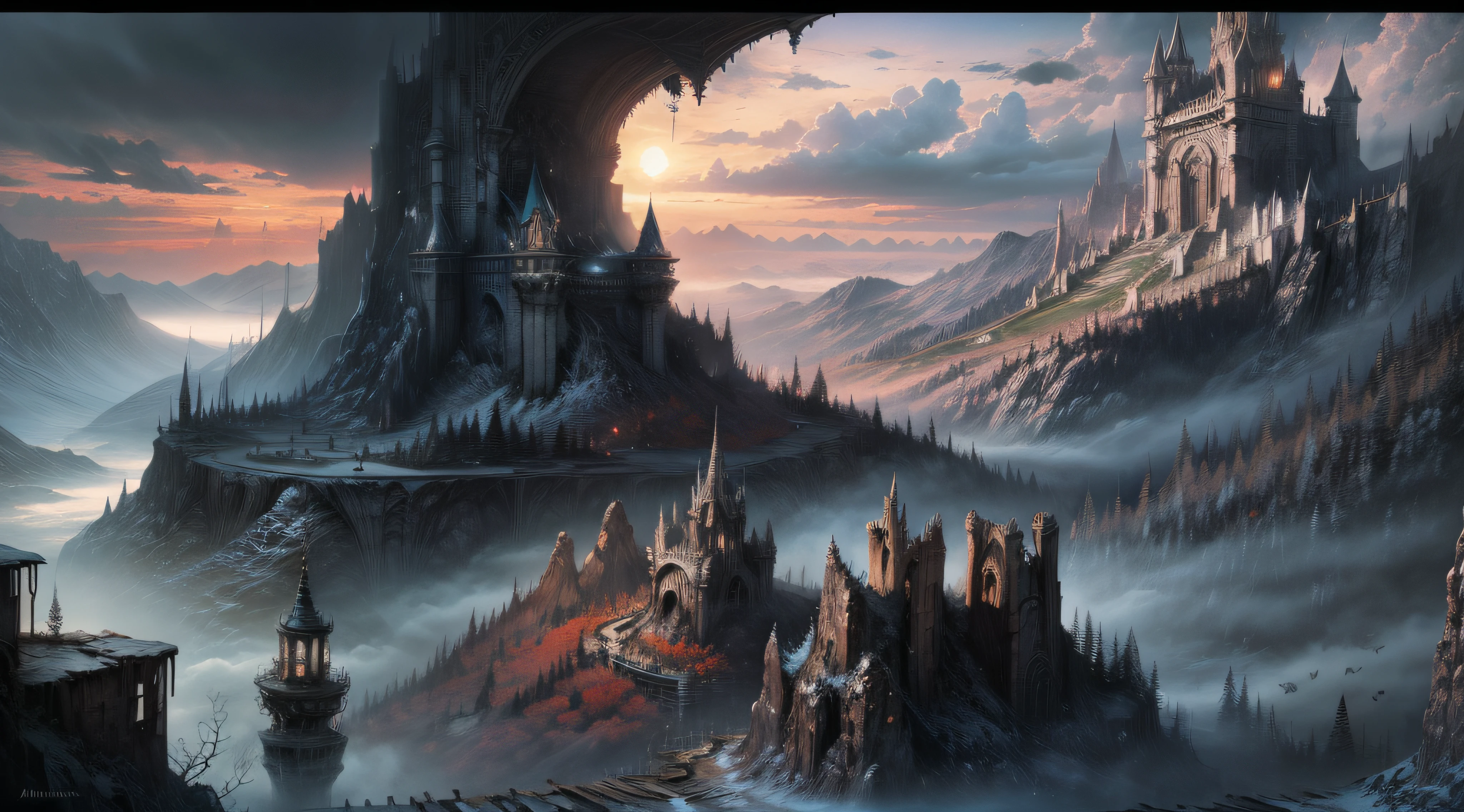 pintura de uma cabana na montanha com uma cachoeira e pagodes, Style of Art Digital of Epic Fantasy, cidade fortaleza de montanha, estilo andreas rocha, arte digital de fantasia de fantasia detalhada, Symmetrical Epic Fantasy Art, arte de fantasia 4k, castelo antigo cyberpunk, inspirado por Andreas Rocha, por Yang J, paisagem de fantasia impressionante, arte de fantasia detalhada, paisagem de arte de fantasia, arte de fantasia altamente detalhada, sky with clouds, sol,