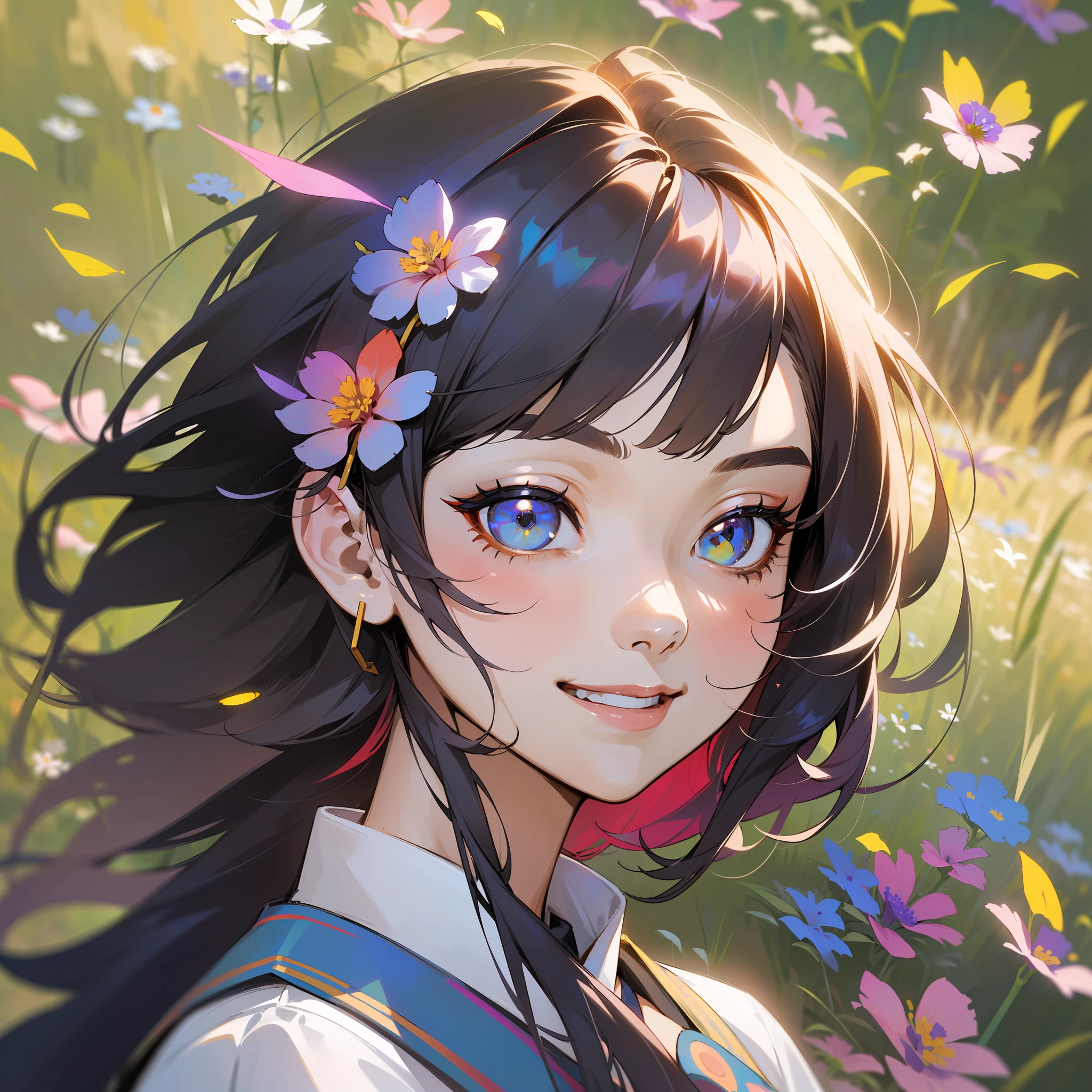 beste-Qualit、Super-High Resolution、(a photorealistic:1.2)、(A smile:1.4)elegent(windblown:1.2)(doress:1.2)The 24-year-old Asian actress wears、Millions(Multi-colored wildflowers:1.6)、detailed face with、(独奏:1.4)、(blows wind:1.2)The hair、、mix4、(face lights:1.4)