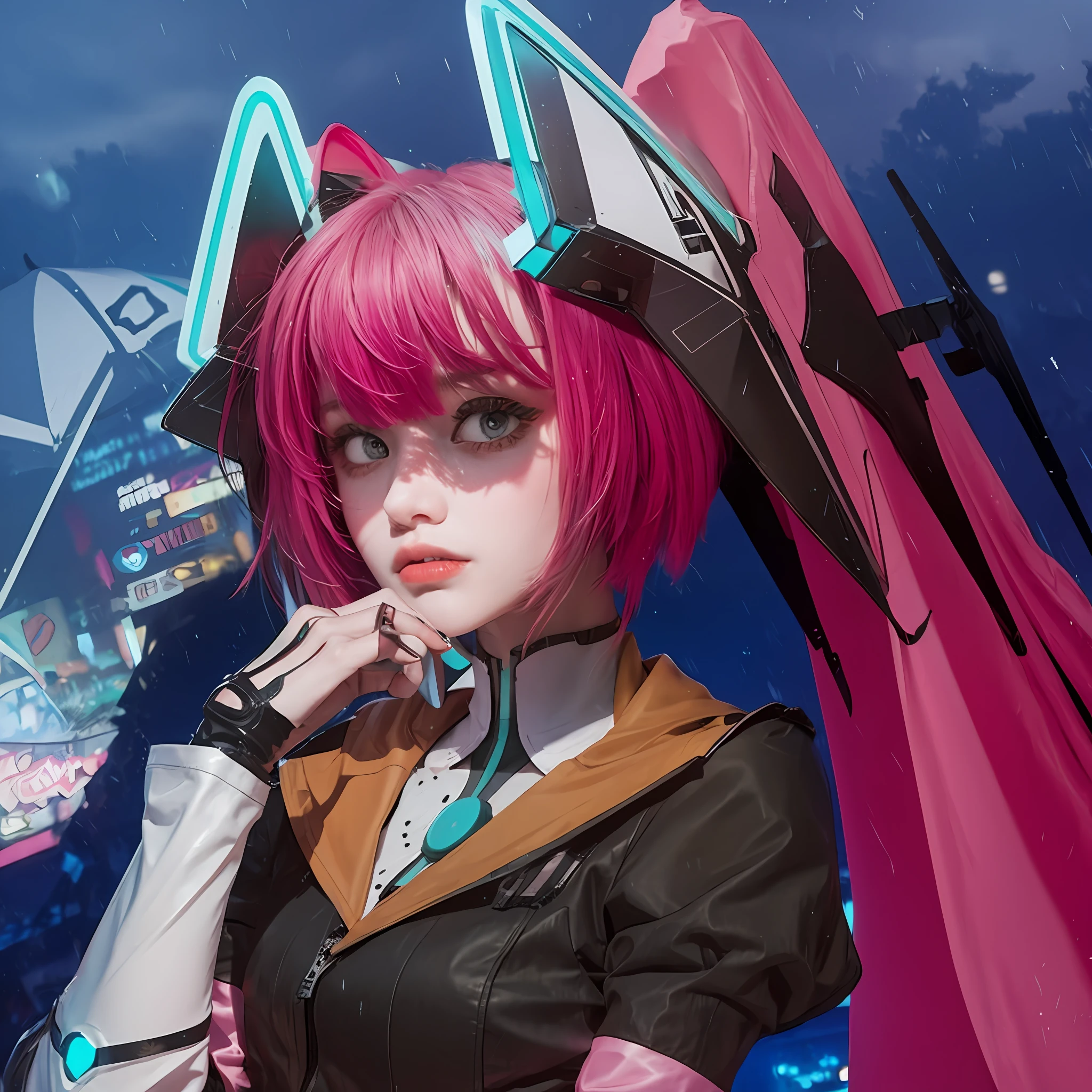 lucy \(cyberpunk\), 1girl, hair scrunchie, hime cut, silver hair, colored tips, full moon, grey eyes, jacket, long sleeves, looking at viewer, medium hair, multicolored hair, parted bangs, parted lips, pink hair, portrait, red eyeliner, red lips, solo, white jacket, cyberpunk \(series\), rainy night in a cyberpunk city with glowing neon lights