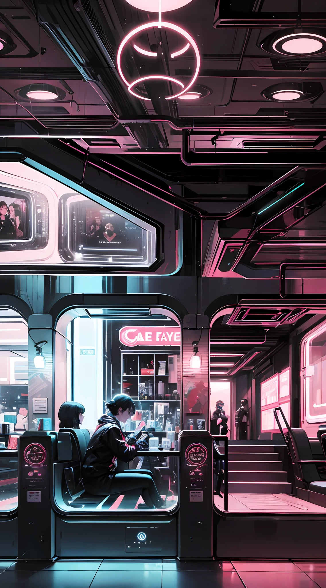 people are standing in a bar with a neon lit counter, in a cyberpunk setting, cyberpunk bus stop, cyberpunk with neon lighting, cyberpunk style ， hyperrealistic, in cyberpunk style, cyberpunk lut, in cyberpunk aesthetic, in a cyberpunk city, very smoky cyberpunk paris bar, in cyberpunk city, neon reflections, cyberpunk atmosphere, hyper-realistic cyberpunk style
