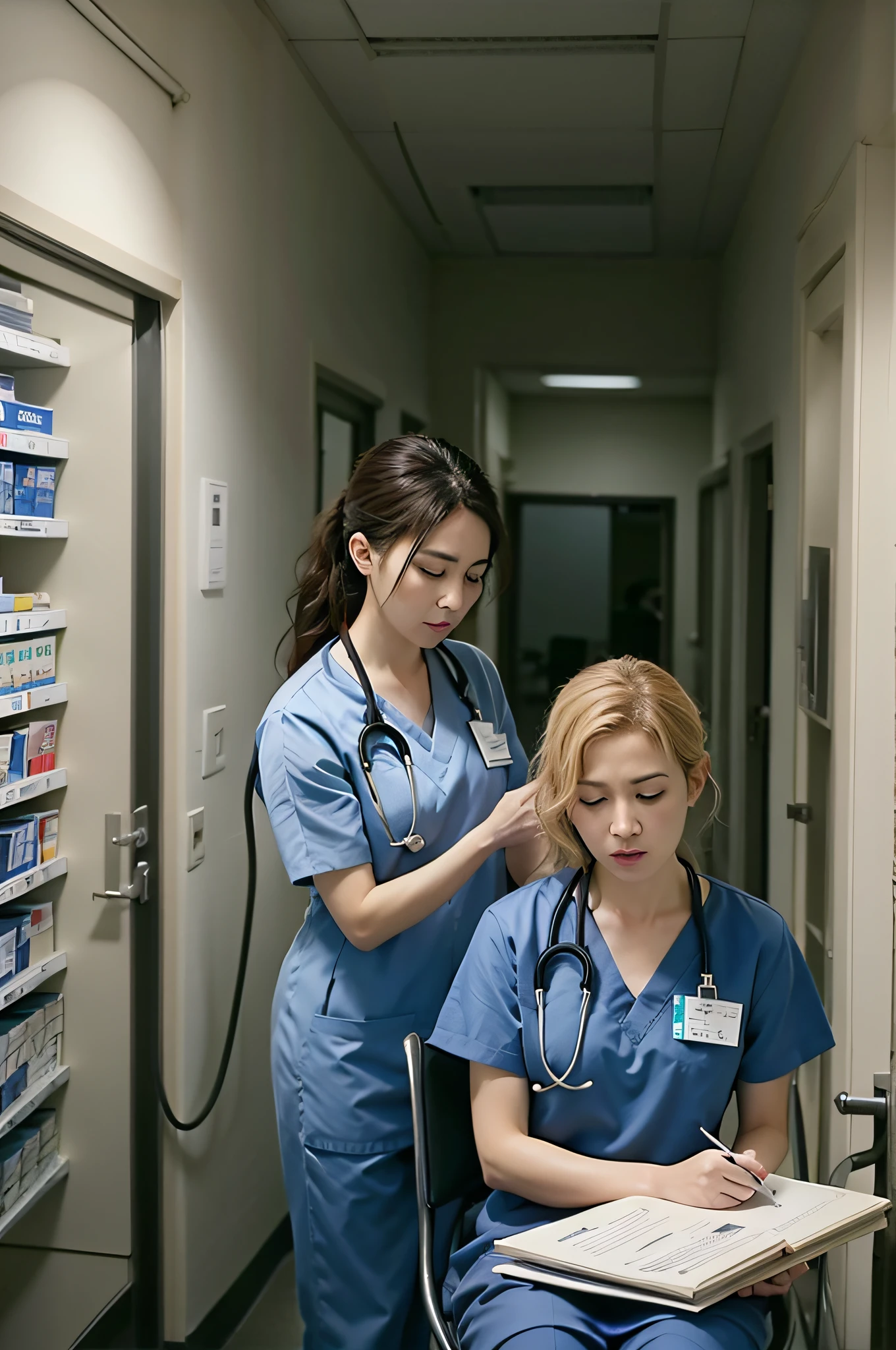 A cinematic scene directed by Christopher Nolan showing a busy hospital emergency room, with doctors, nurses, and medical staff working diligently to save lives, as worried family members anxiously await news, the atmosphere filled with a mix of urgency, compassion, and hope, capturing the dedication and resilience of healthcare professionals, nordic true crime story, Memento, Photography, using a documentary-style lens (35mm), --ar 3:2 --v 5, er drama, still from a live action movie, nursing, kim hyun joo, scene from live action movie, jiyun chae, opening scene, healthcare worker, hq, medical photography, at the hospital in patient gown, exclusive, doctors mirror, hospital, with a stethoscope