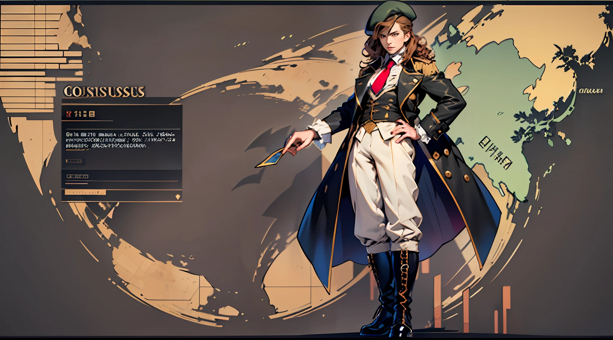 28-year-old countess, curly hair, beret, trench coat, necktie, long pants, leather ankle boots, holding a map,18th century clothing style,(Standing posture:1.5),(full body:1.6)