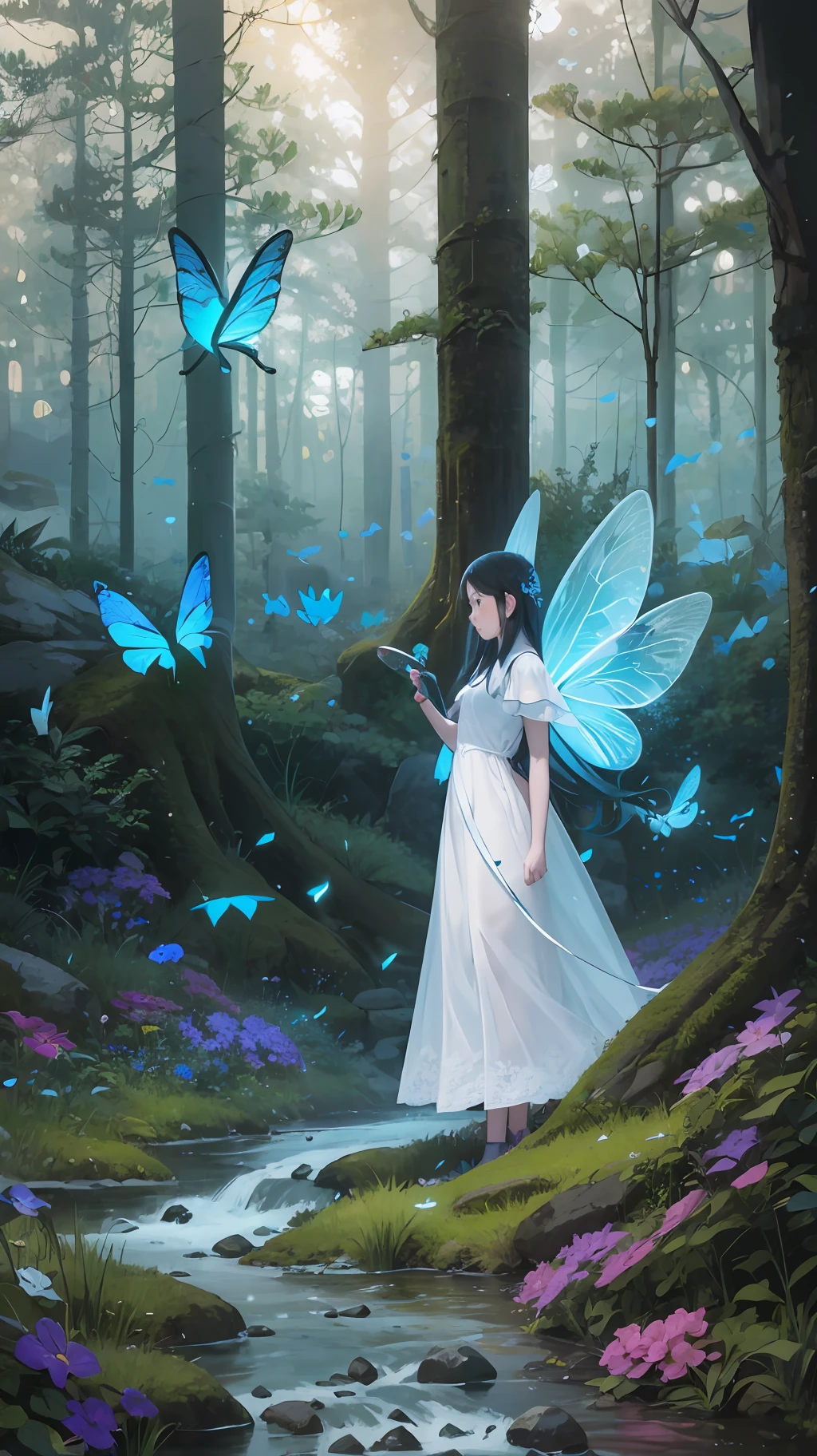 In the Enchanted Forest、She is surrounded by a swarm of glowing butterflies。Her presence becomes one with nature.、Emitting fairy-like beauty。beste-Qualit、in 8K、landscape