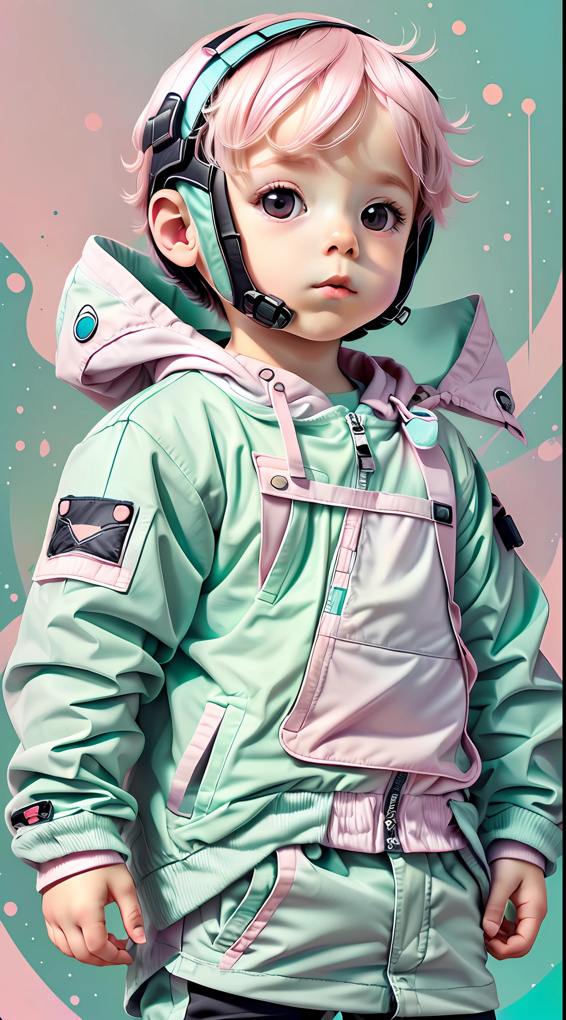 white,totally white,pastel colors,hachures,chibi style, 1 cute little baby boy with techwear clothes, papercute background