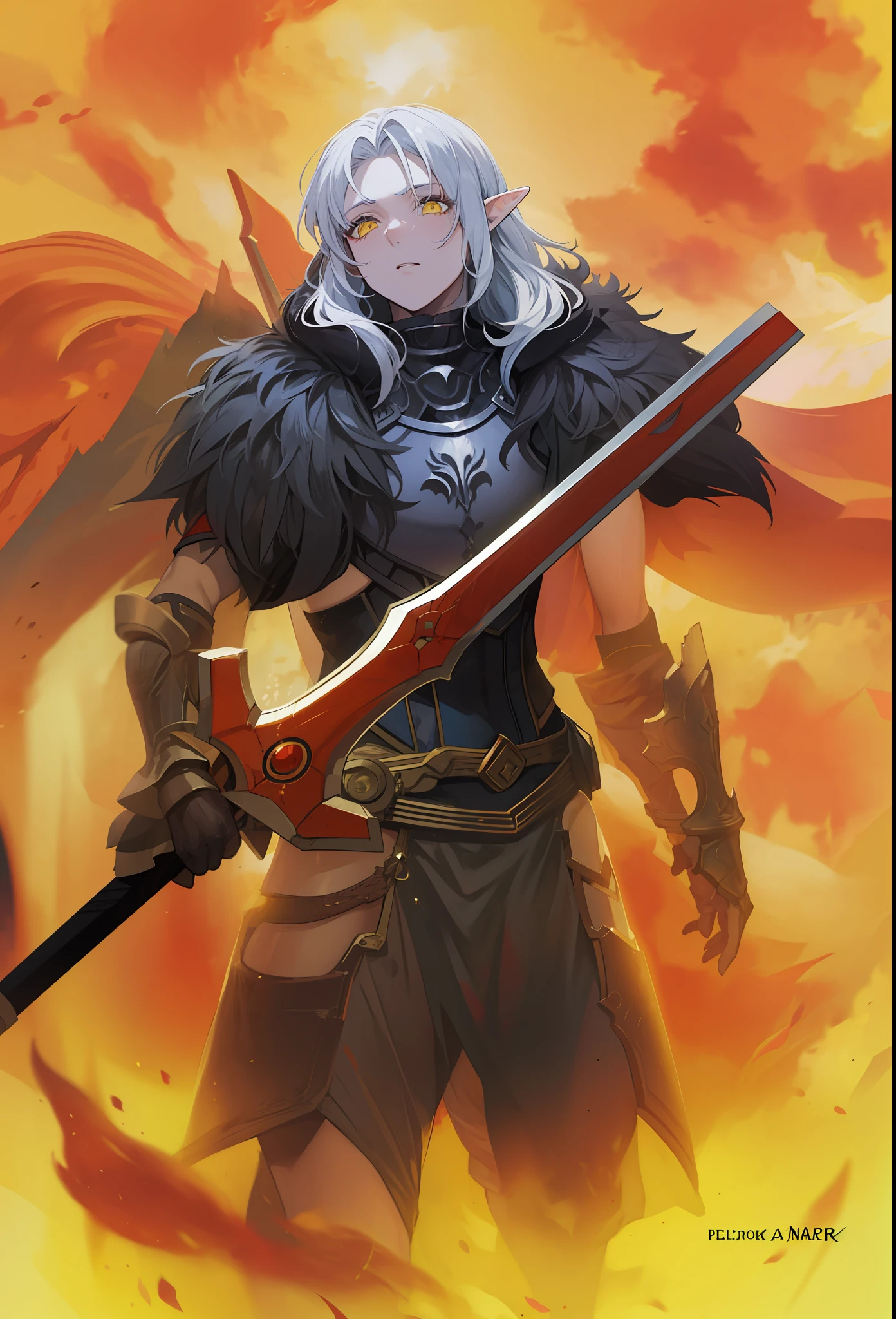 Masculino, pele morena,elf, olhos amarelo,4k,no meio do fogo, Dark kingth armor Full body, Dark fantasy, segurando uma espada,tons de calor