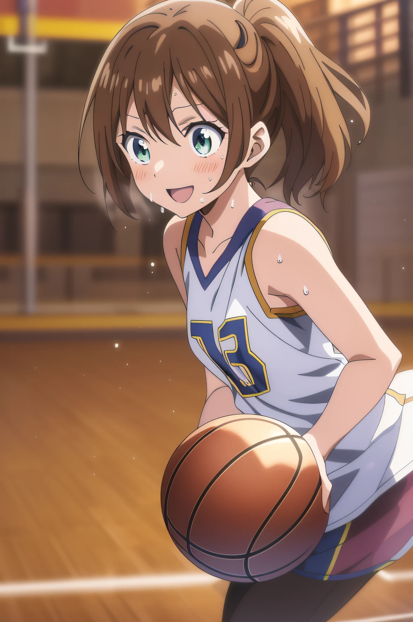 (best quality,anime,anime art style:1.2), anime screen cap,young girl, 13years old, sweat,playing the basketball,Intense angle,speedy movement,looking away,looks fun,a smile, sleevelesssmall breasts,