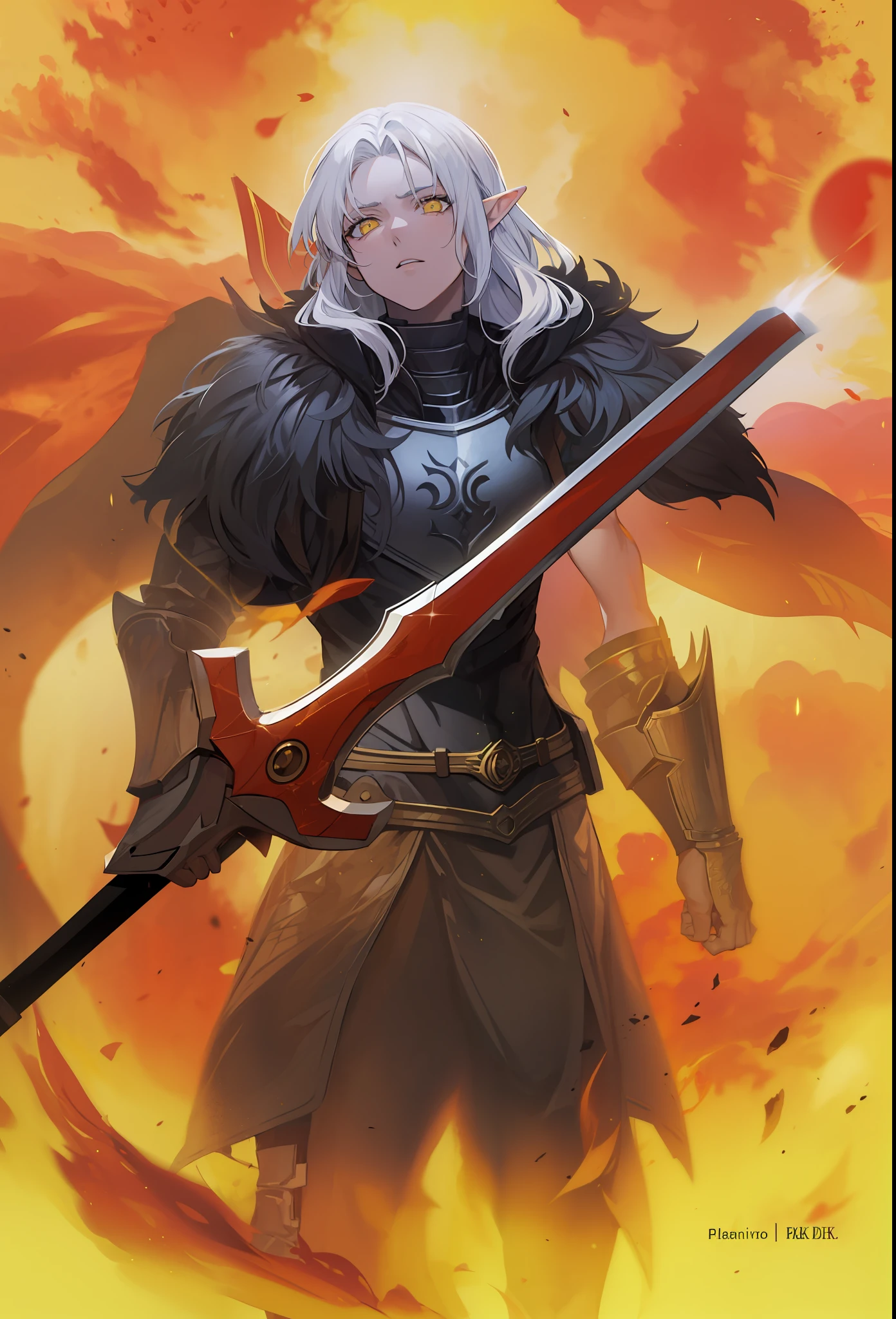 Masculino, pele morena,elf, olhos amarelo,4k,no meio do fogo, Dark kingth armor Full body, Dark fantasy, segurando uma espada,tons de calor