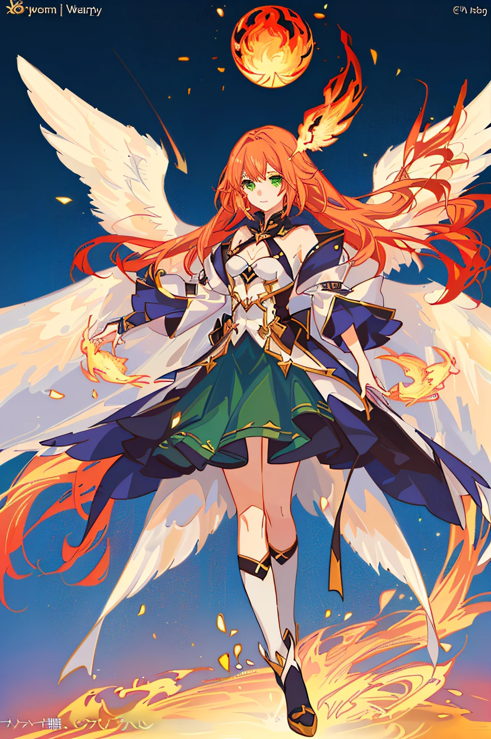 anime girl with long red hair and green dress in front of a blue background, with fiery golden wings, with fiery golden wings of flame, Digital art on Pixiv, Anime goddess, trending on artstation pixiv, Marin Kitagawa fanart, pixiv contest winner, full portrait of elementalist, ''wallpaper of a phoenix, anime fantasy illustration, zerochan art