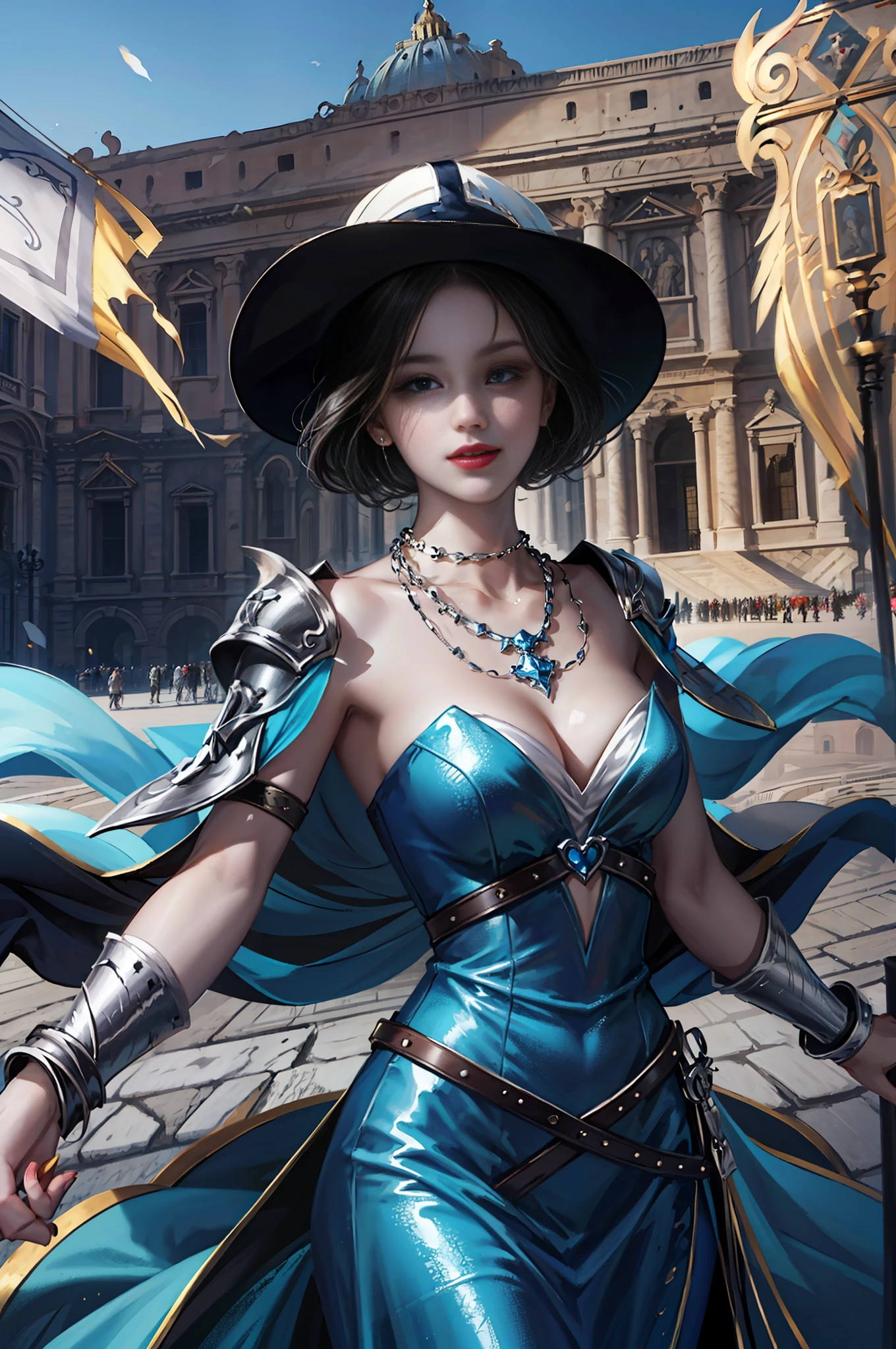 masterpiece, 4K, best quality, FELute, necklace,gorgeous dress, (on the St. Peter's Square of Vatican,crowd),bracers, cowboy shot, looking at viewer, smirk, hand up
