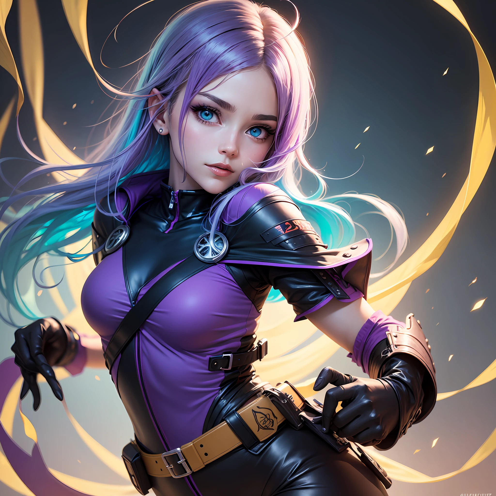 Mulher ninja com fone de ouvido sentido paz, olhos fechados, rosto bonito, cores RGB, cabelo roxo brilhante, colorido anime, fundo brilhante, Banner for youtube video, menina feliz, nuvens com cores RGB, cores RGB brilhantes, completo, ser celestial. --auto