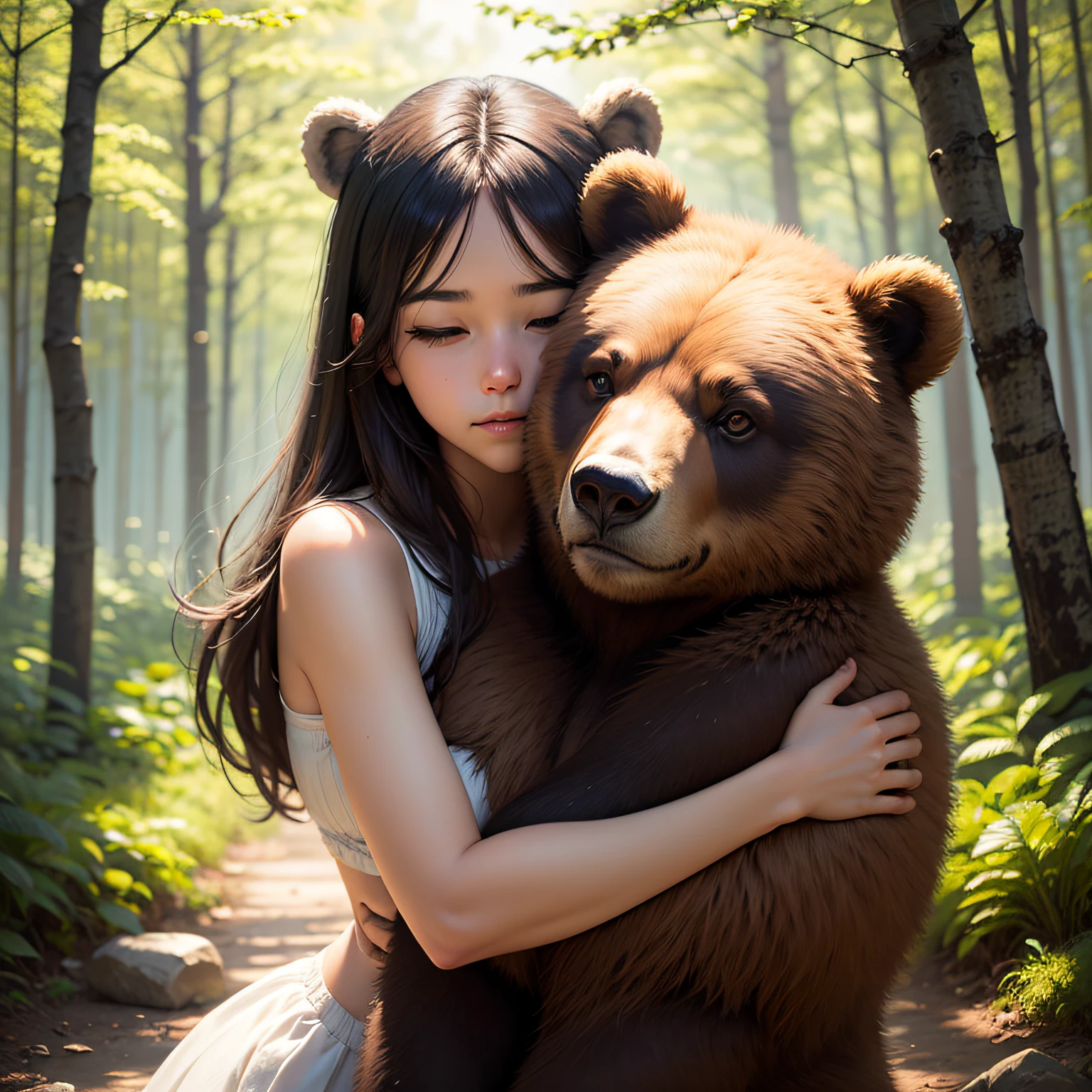 "Bear Hugs: A Girl Embracing a Gentle Bear"
An image portraying a girl embracing a friendly bear. Ambas as figuras irradiam calor e afeto, surrounded by a serene forest setting. The image conveys a sense of tenderness and companionship.