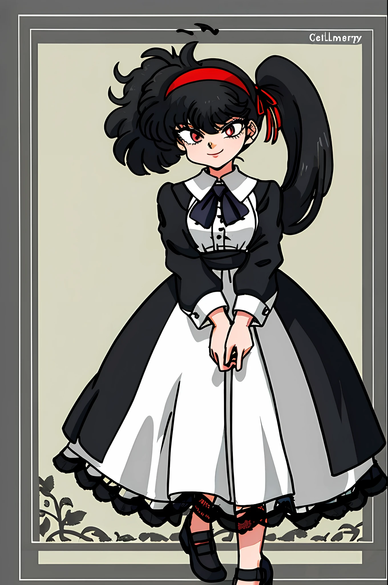 copyright danganronpa, 1girl, solo, celestia ludenberg (character), smirking expression, black hair, red eyes, white silk headband, white lace-bonnet with one white ribbon for each side with a smaller ribbon tied at the bottom, and has black hair in two large twin-drill pigtails, gothic lolita-style outfit, white blouse with a Long-point collar, a black jacket that includes white ribbon lacing down the sleeves, fastened by a simple white ribbon across her chest to reveal her red tie, black knee-high stockings trimmed in ladder lace with a black ribbon on the opposite side of the other for each, dark red mary janes with a thick heel held on her feet by three grey buckles, a white lace headband, dark-hued tulle lace panties, full body portrait,