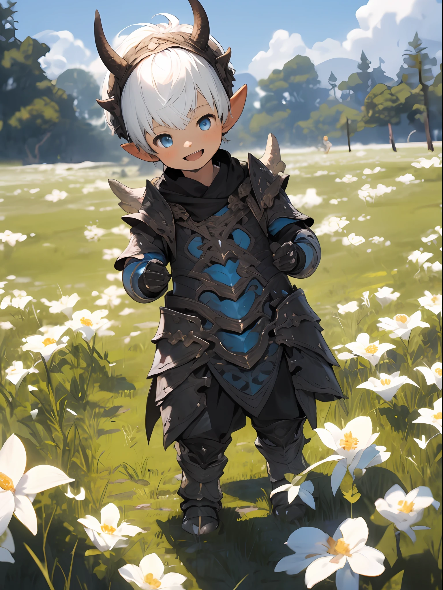 three fourths view，Shota，Black and white hair，ddlers，Blue eyes ， lovly， standingn， Master masterpieces， A high resolution，8K，detailedbackground，hightquality，Libido boy，独奏，Dragon armor，grass field，White flowers，Happy expression，((lalafell))，