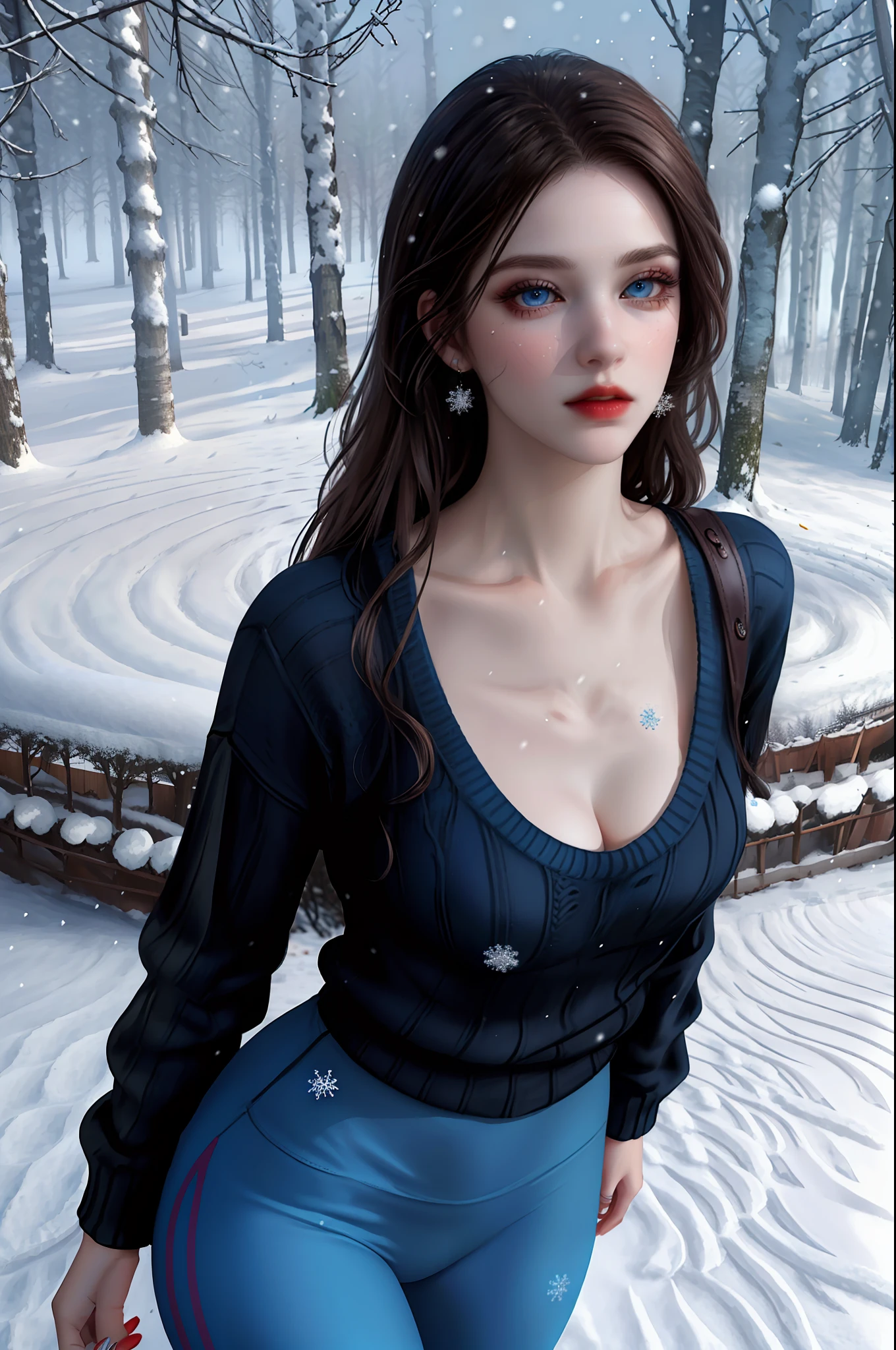 realistic, masterpiece, professional photograph of beautiful woman, (amazing body), pale skin, dark hair, (blue eyes), (detailed facial features), (perfect face), (makeup, eyeliner, eyeshadow), (wearing sweater and leggings), outdoors, forest, (snowing:1.5), standing, ((detailed)), ((extremely detailed)), ((photorealistic:1.4)), (film grain),