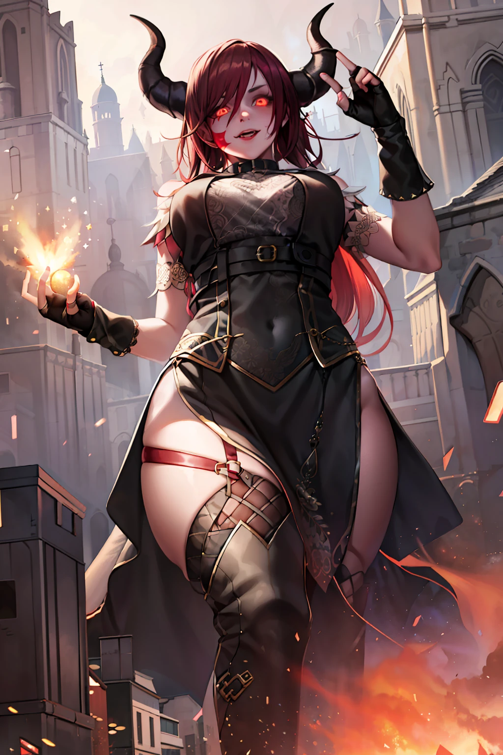 beautiful tiefling girl, lingerie, black tabard, gloves, horns, medieval, colored skin, red skin, glowing eyes, particles,gothic queen,black crown,GtsGiga,Looming,curvy,fingerless gloves,Rampage,best quailty,masterpiece