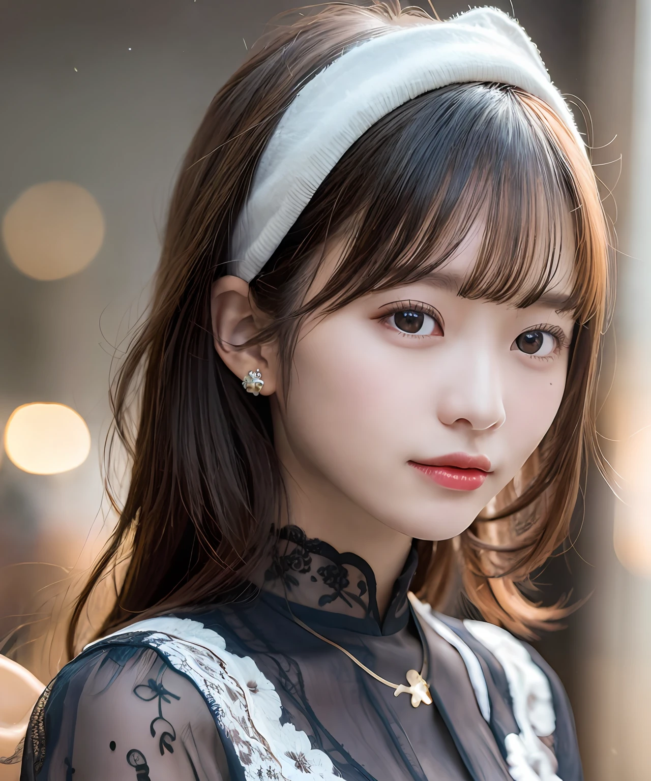 Best Quality, Masterpiece, Hi-Res, One Girl, Cheongsam, Headwear, Necklace, Jewelry, Beautiful Face, upon_body, Tyndall Effect, Photorealistic, Dark Studio, Rim Lighting, Two-Tone Lighting, (High Definition Skin: 1.2), 8k uhd, dslr, soft lighting, high quality, volumetric lighting, candid, photography, high resolution, 4k, 8k, bokeh,