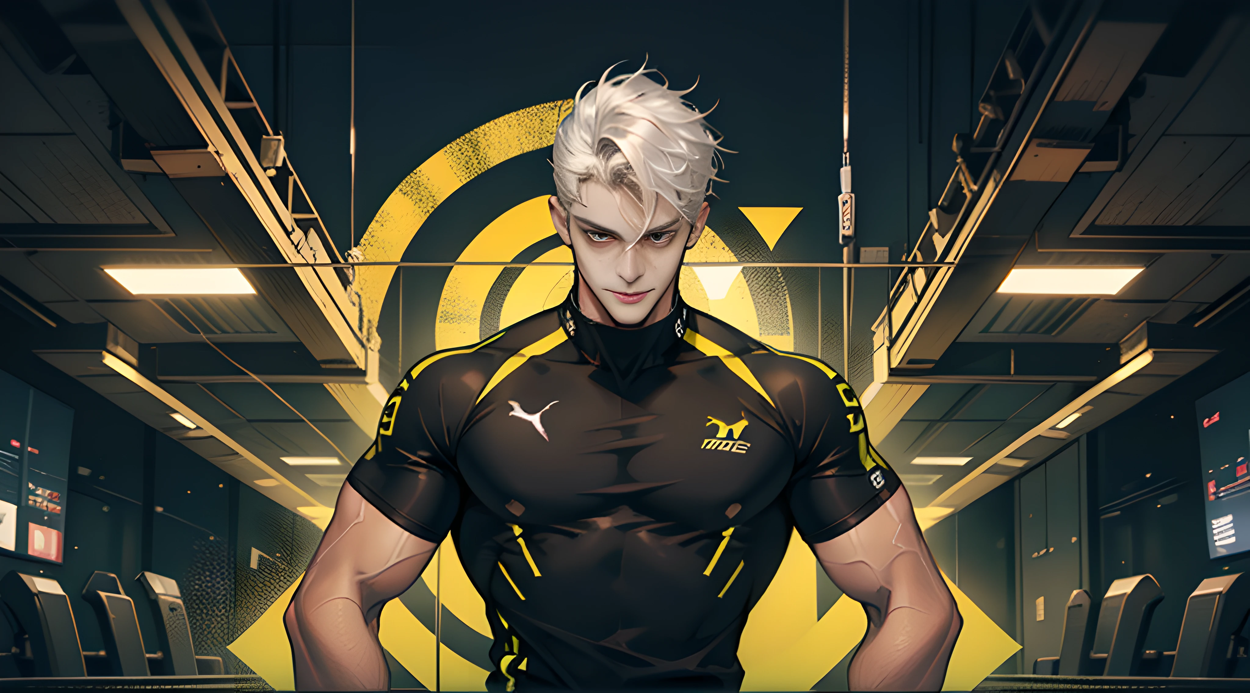 Best quality，a masterpiece of，Ultra-high resolution fills the picture，A gym with a black and yellow color scheme，Night indoor black and yellow background color scheme，Neon lights，Sports trends，A male，A muscle,Toned body，idol，Black sportswear,Liquid color matching clothing,the complex background，Weight instruments in the background，High-tech screen in the background，Sports equipment，Lateral face，A smug smile，Dress less，There are fitness elements in the rear，Nike brand，Tech gym，Perfect face，8K quality，Cyberpunk，sense of science and technology，Character backlighting，rim-light，Movement changes，short hair style，Loose hairstyle,Silver hair，The number of fingers is refined，Wear an electronic digital watch，Sports headphones，The most handsome boy in mankind，Dye hair,Delicate close-up of the face，Realistic image quality，Super light and shadow，Very good figure，English slogan neon，Runway lights，The brand name is(SONEAR FIT)，Handsome boy，20 yrs old，Handsome